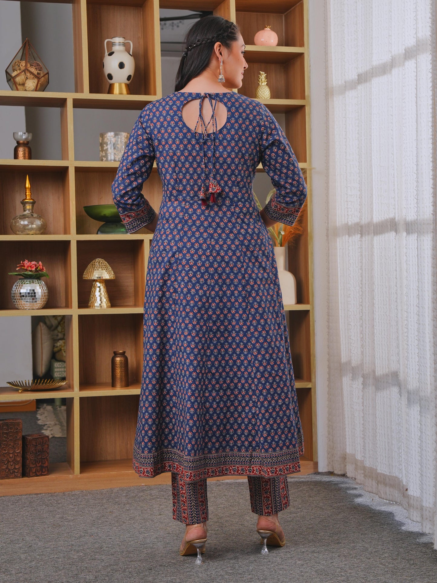 Embroidered Soft Cotton Ajrakh Anarkali Blue Kurta