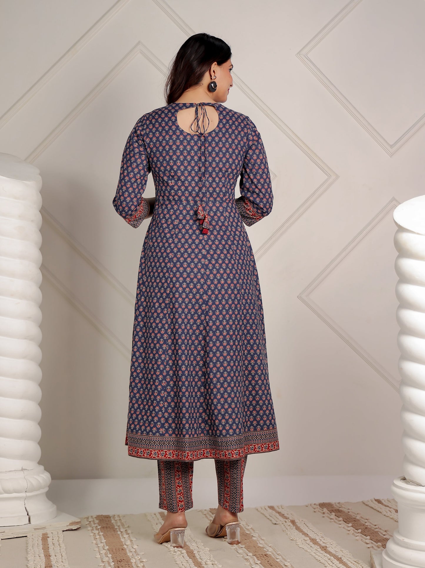 Embroidered Soft Cotton Ajrakh Anarkali Blue Kurta