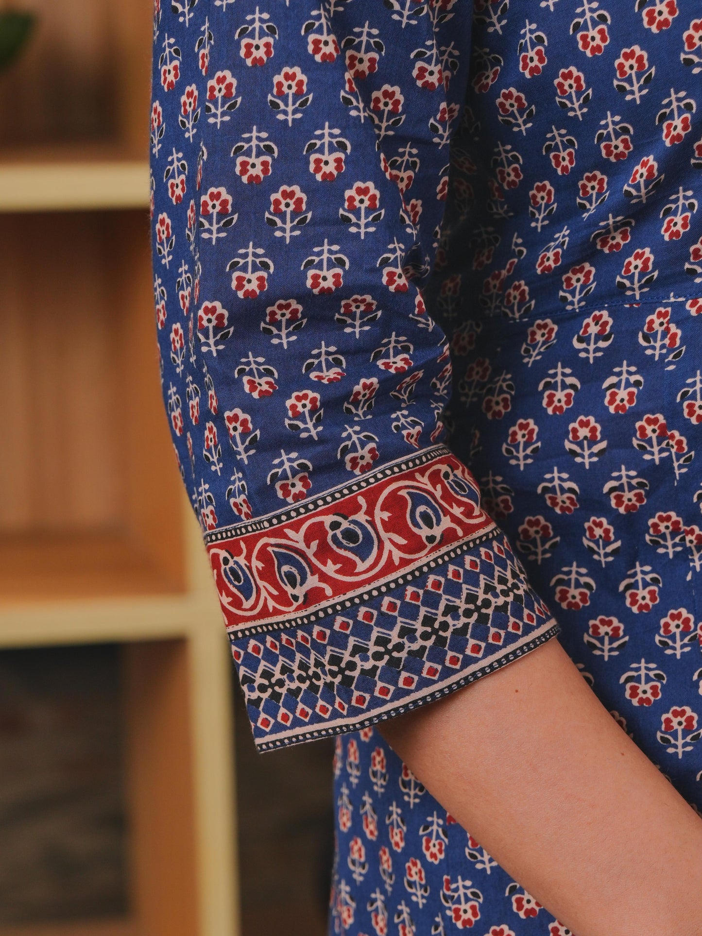 Embroidered Soft Cotton Ajrakh Anarkali Blue Kurta