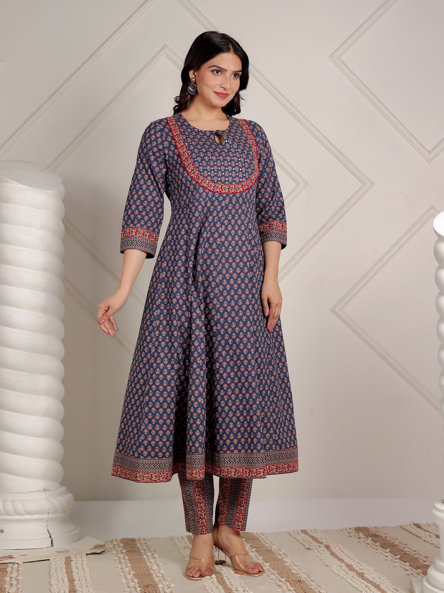 Embroidered Soft Cotton Ajrakh Anarkali Blue Kurta