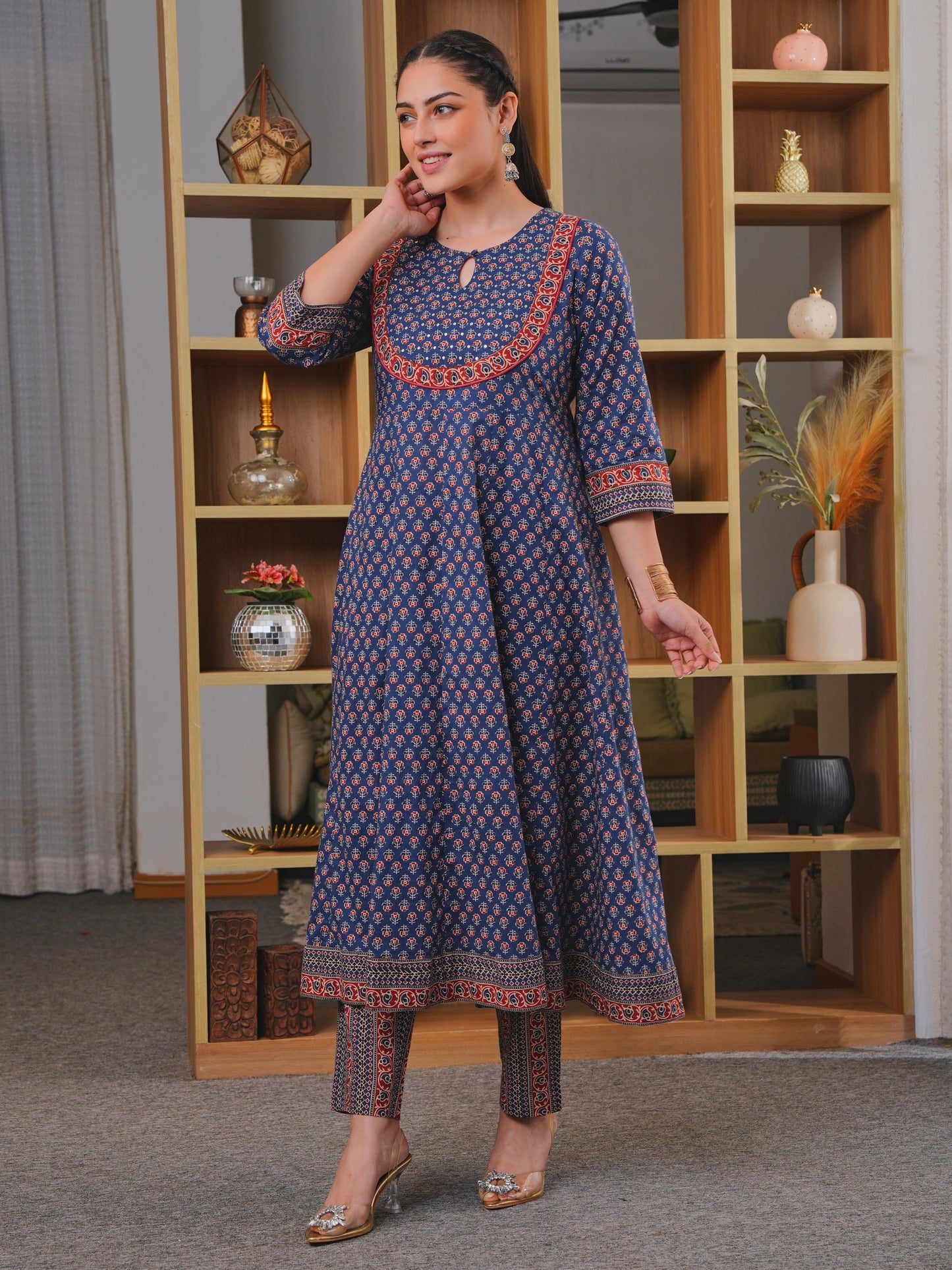 Embroidered Soft Cotton Ajrakh Anarkali Blue Kurta