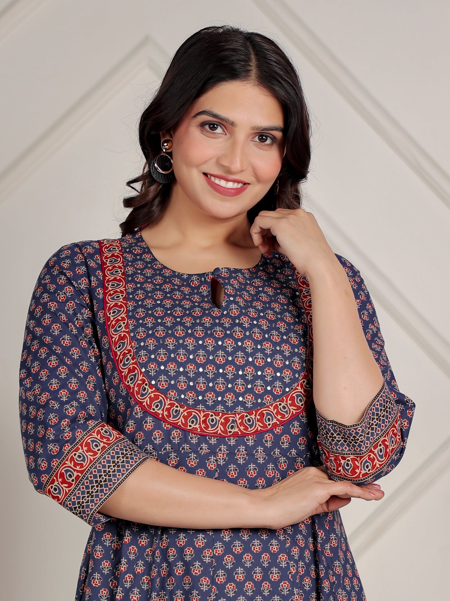Embroidered Soft Cotton Ajrakh Anarkali Blue Kurta