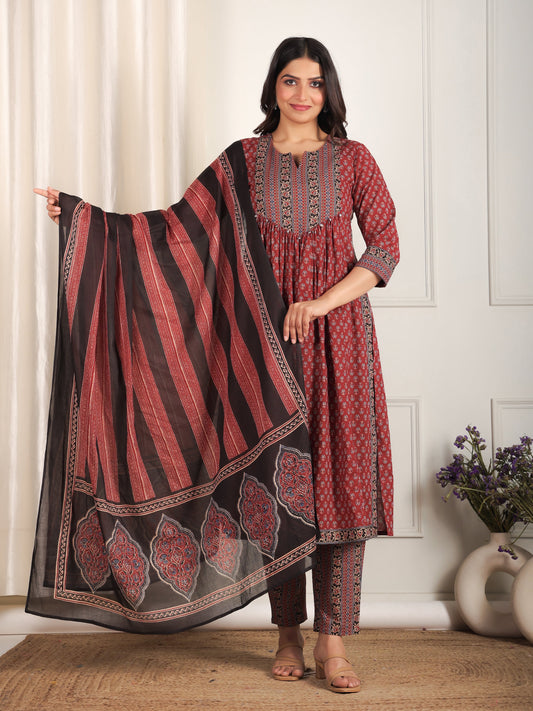 Cotton Voile Ajrakh Red Dupatta