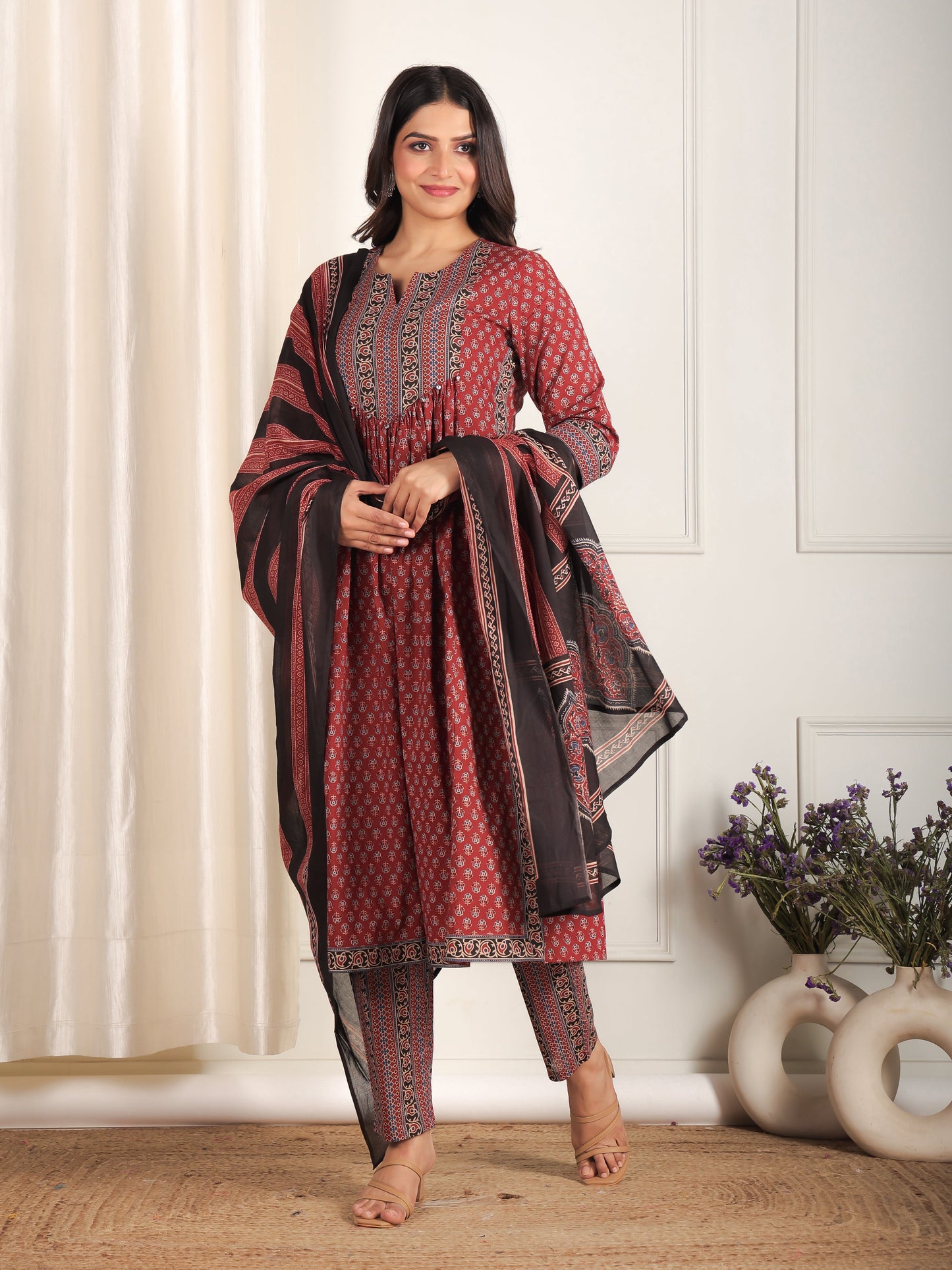Soft Cotton Ajrakh A-line Red Kurta