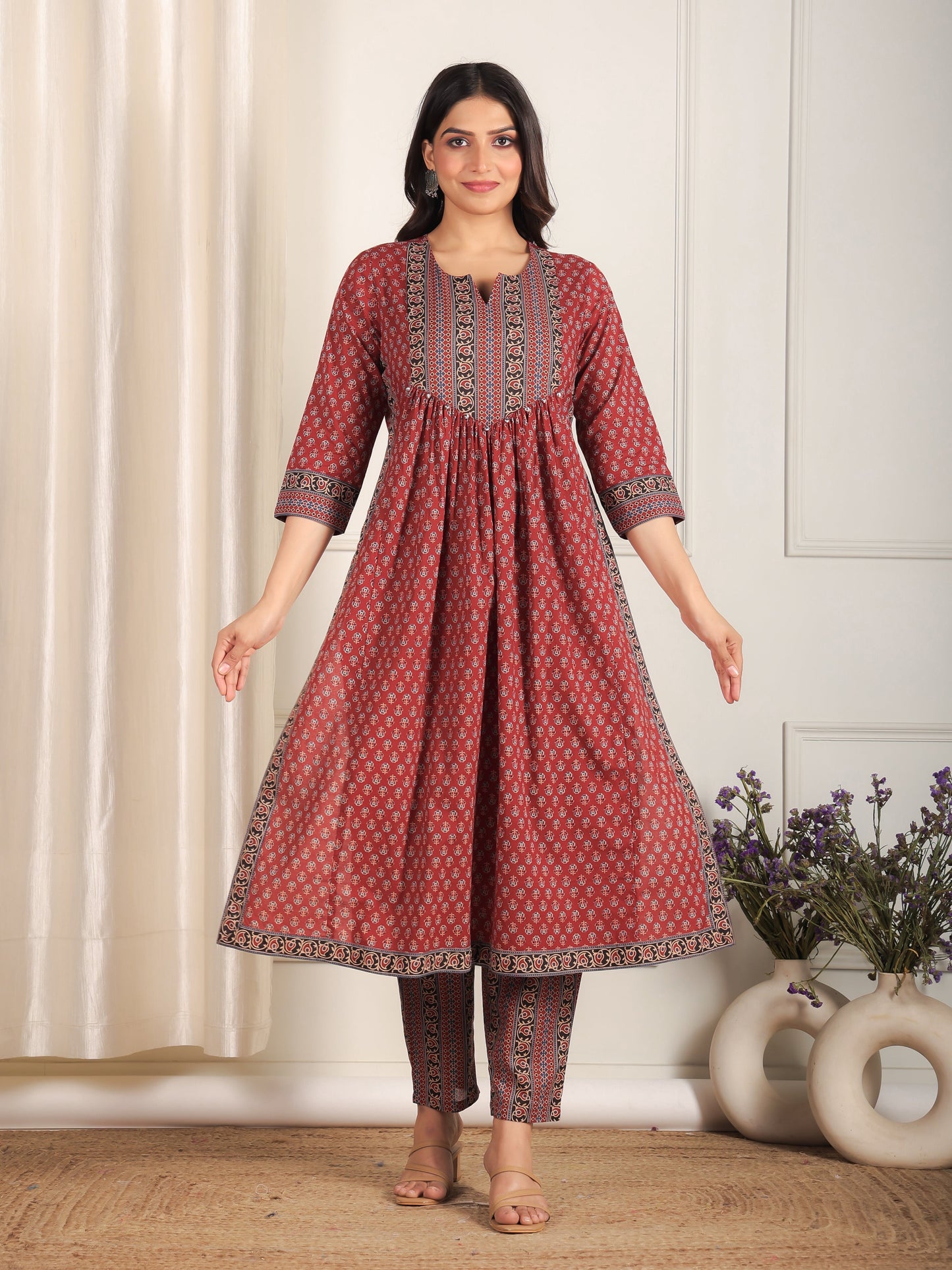 Soft Cotton Ajrakh A-line Red Kurta