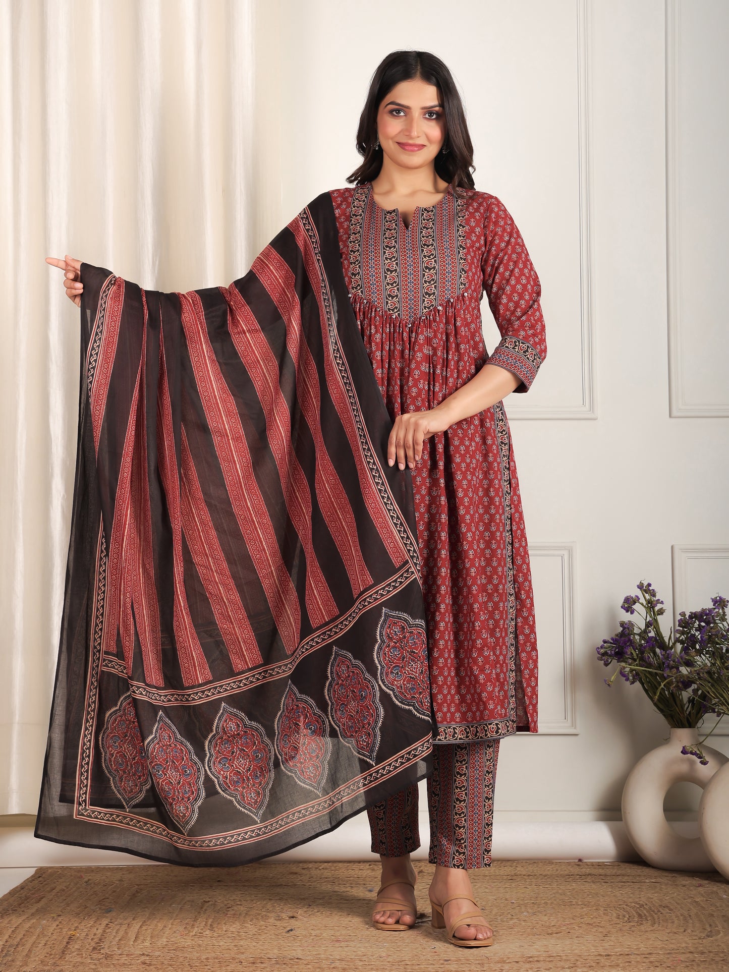 Soft Cotton Ajrakh A-line Red Kurta