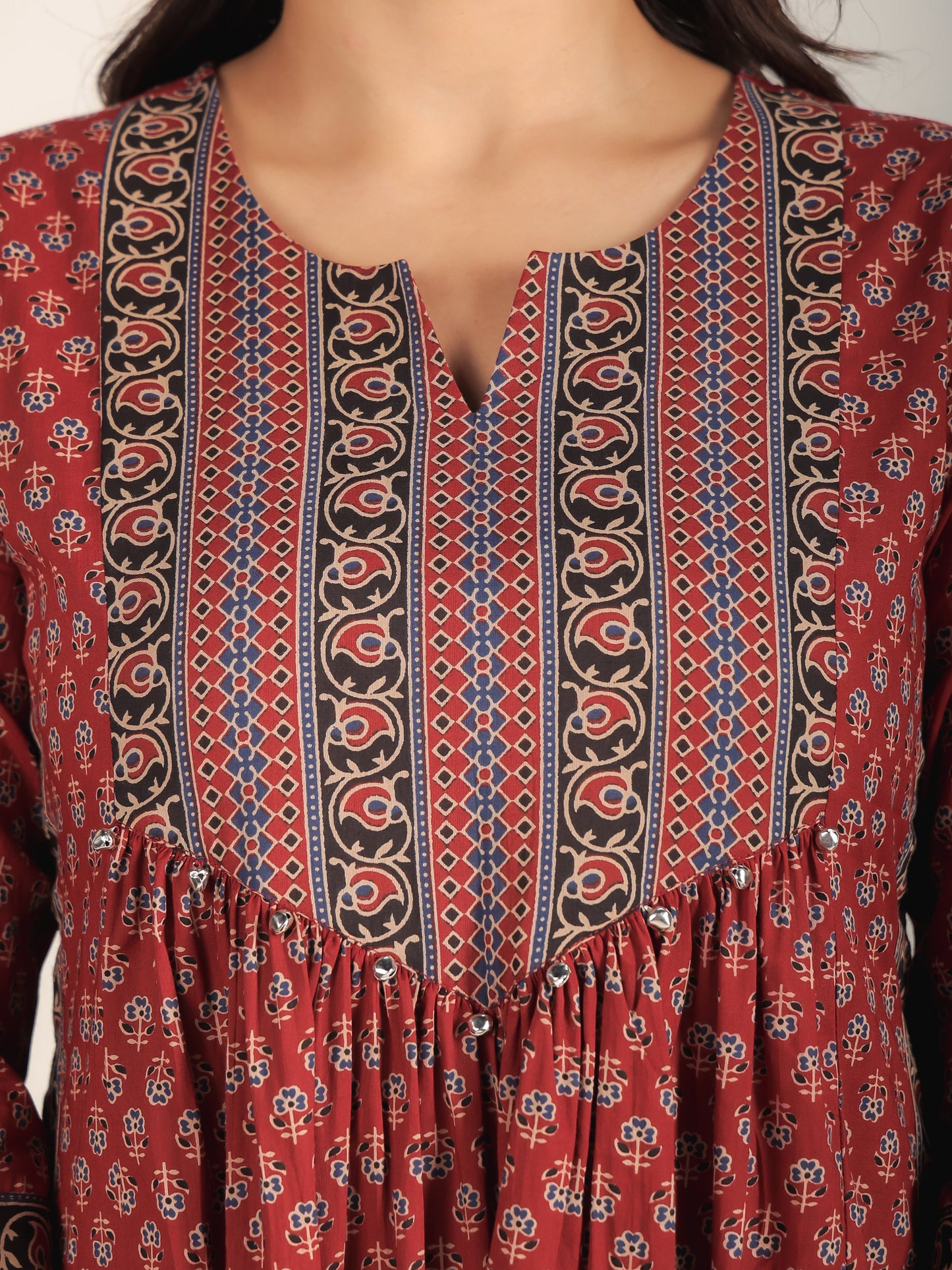 Soft Cotton Ajrakh A-line Red Kurta