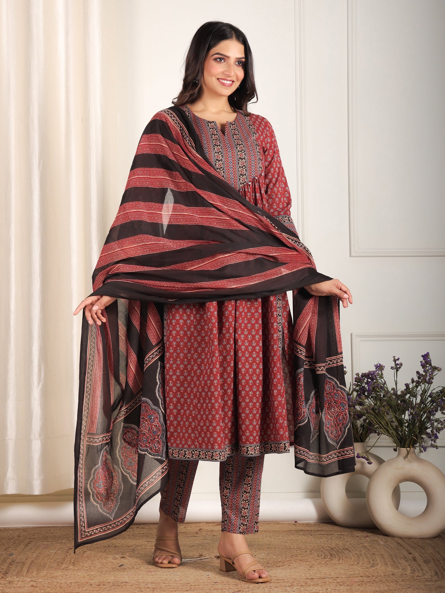 Soft Cotton Ajrakh A-line Red Kurta