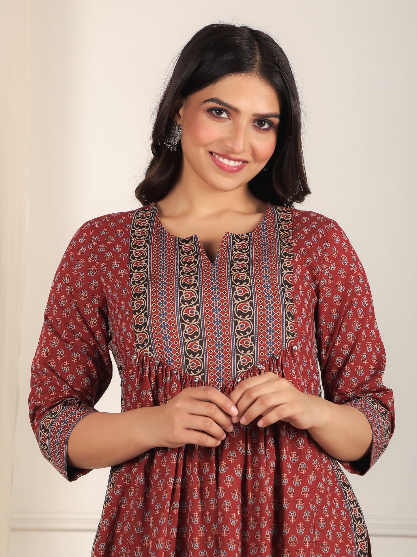 Soft Cotton Ajrakh A-line Red Kurta