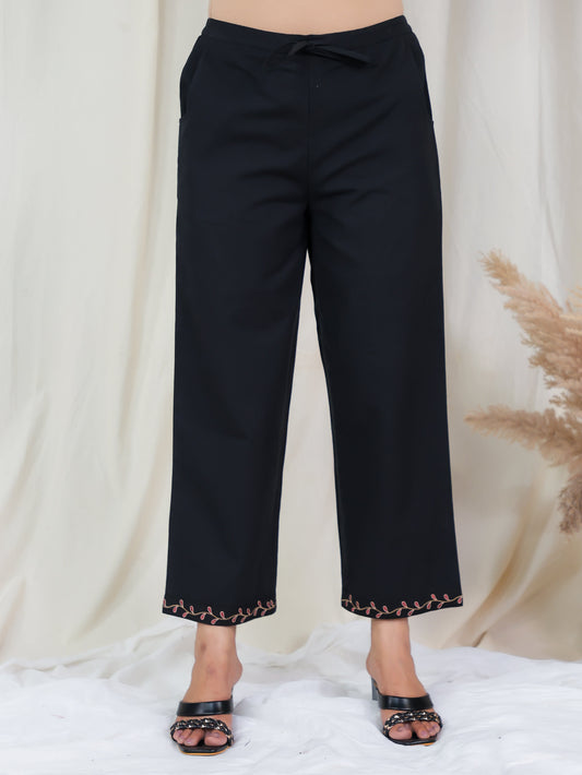 Embroidered Linen Cotton Solid Black Straight Trousers