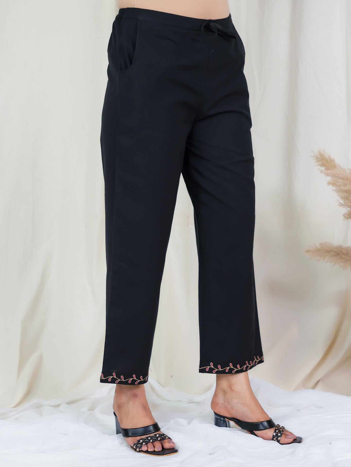 Embroidered Linen Cotton Solid Black Straight Trousers