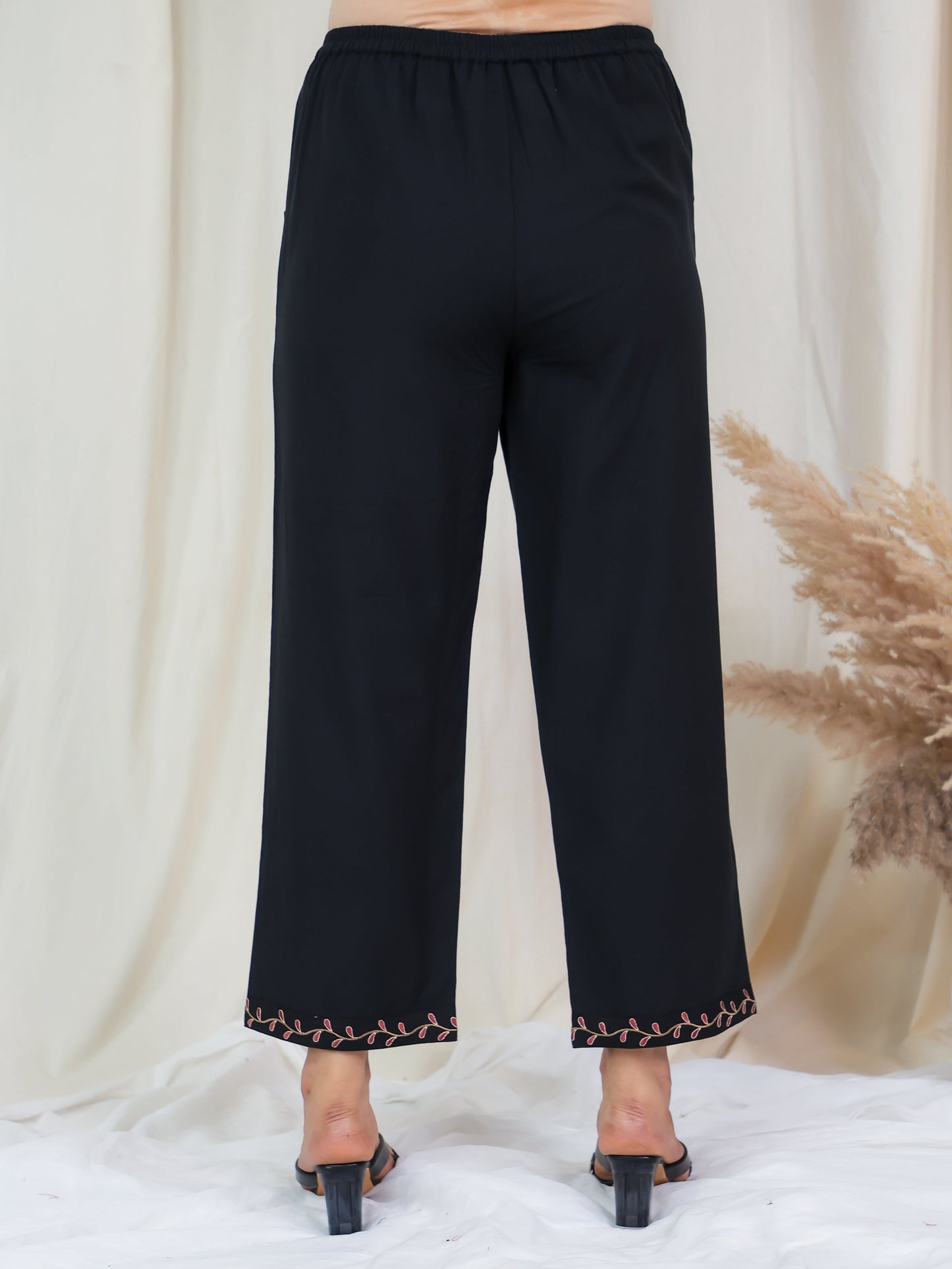 Embroidered Linen Cotton Solid Black Straight Trousers