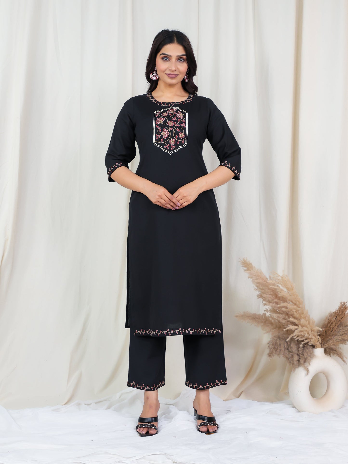 Embroidered Linen Cotton Solid Straight Black Kurta