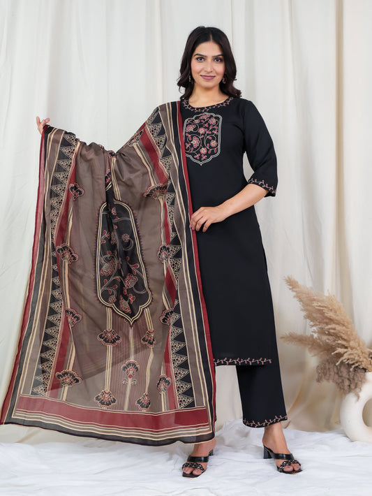 Embroidered Linen Cotton Solid Straight Black Kurta