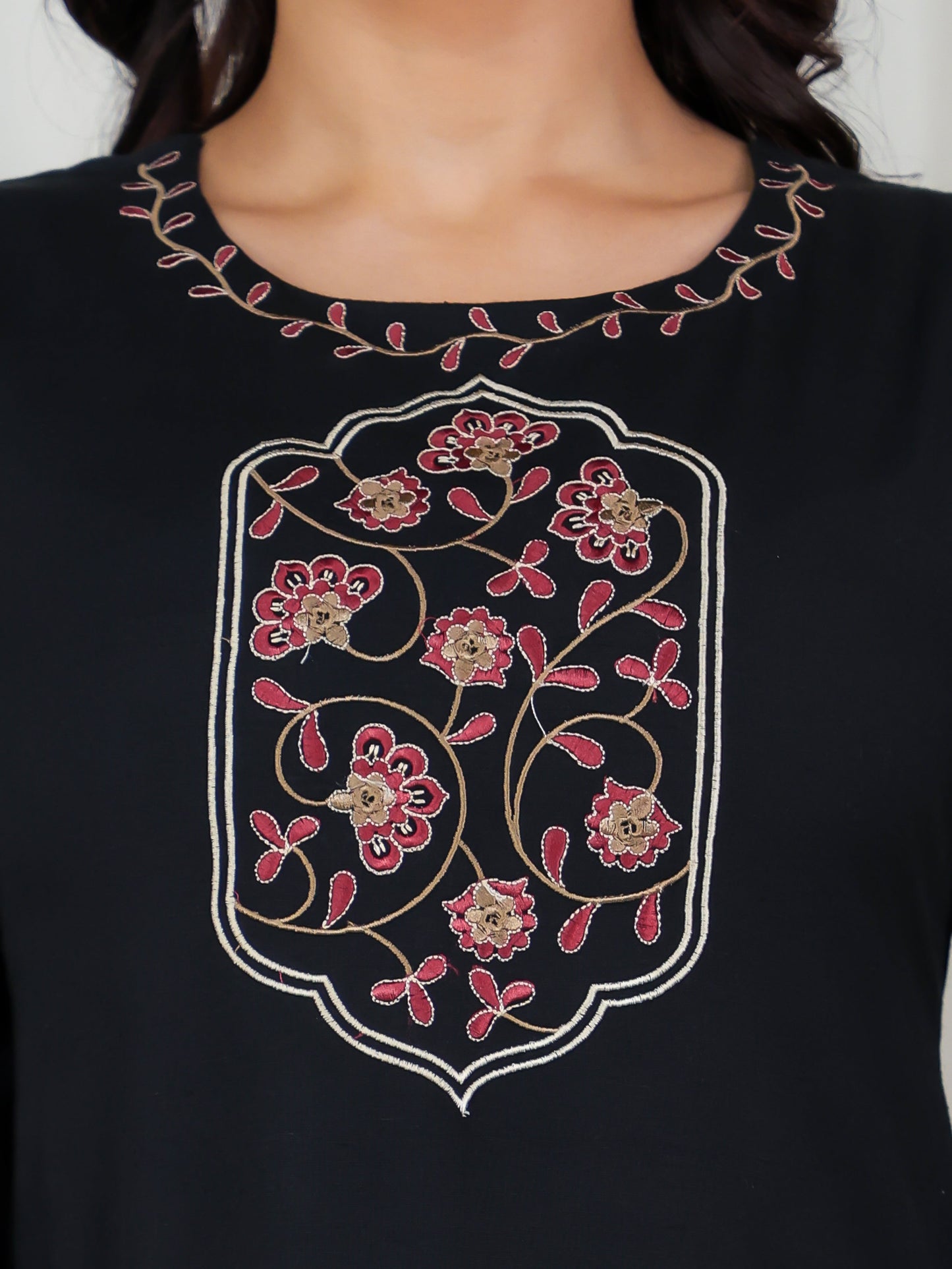 Embroidered Linen Cotton Solid Straight Black Kurta