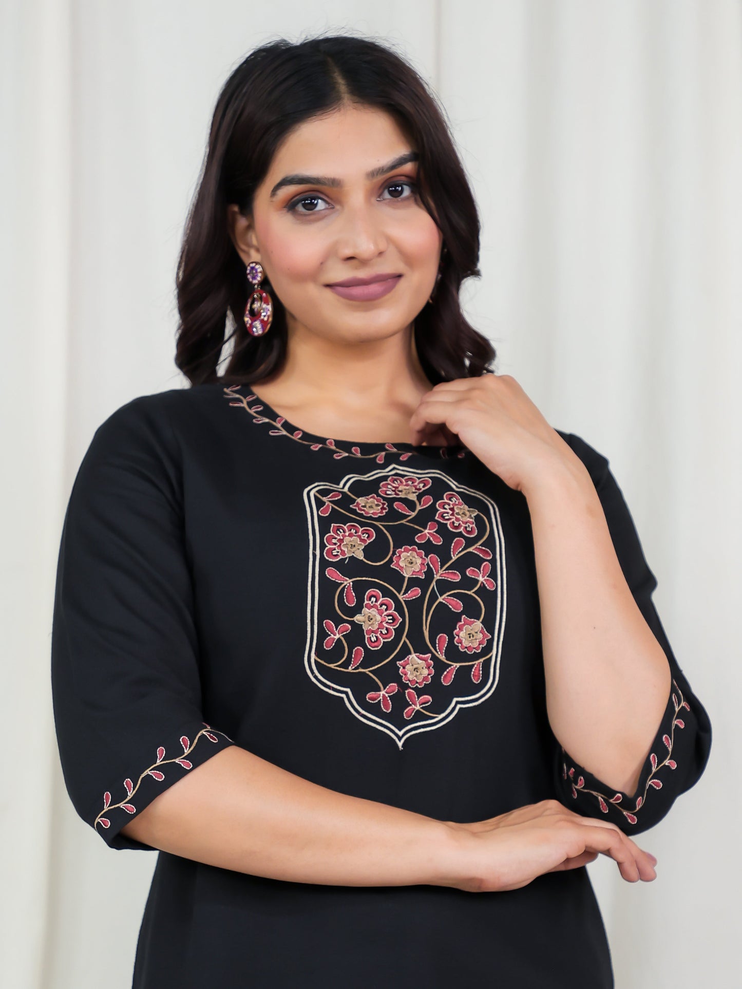 Embroidered Linen Cotton Solid Straight Black Kurta