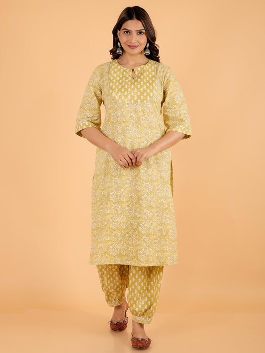 Soft Cotton Floral Straight Yellow Kurta