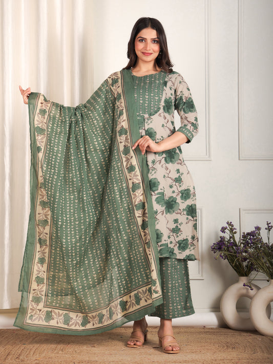 Cotton Voile Geometric Green Dupatta