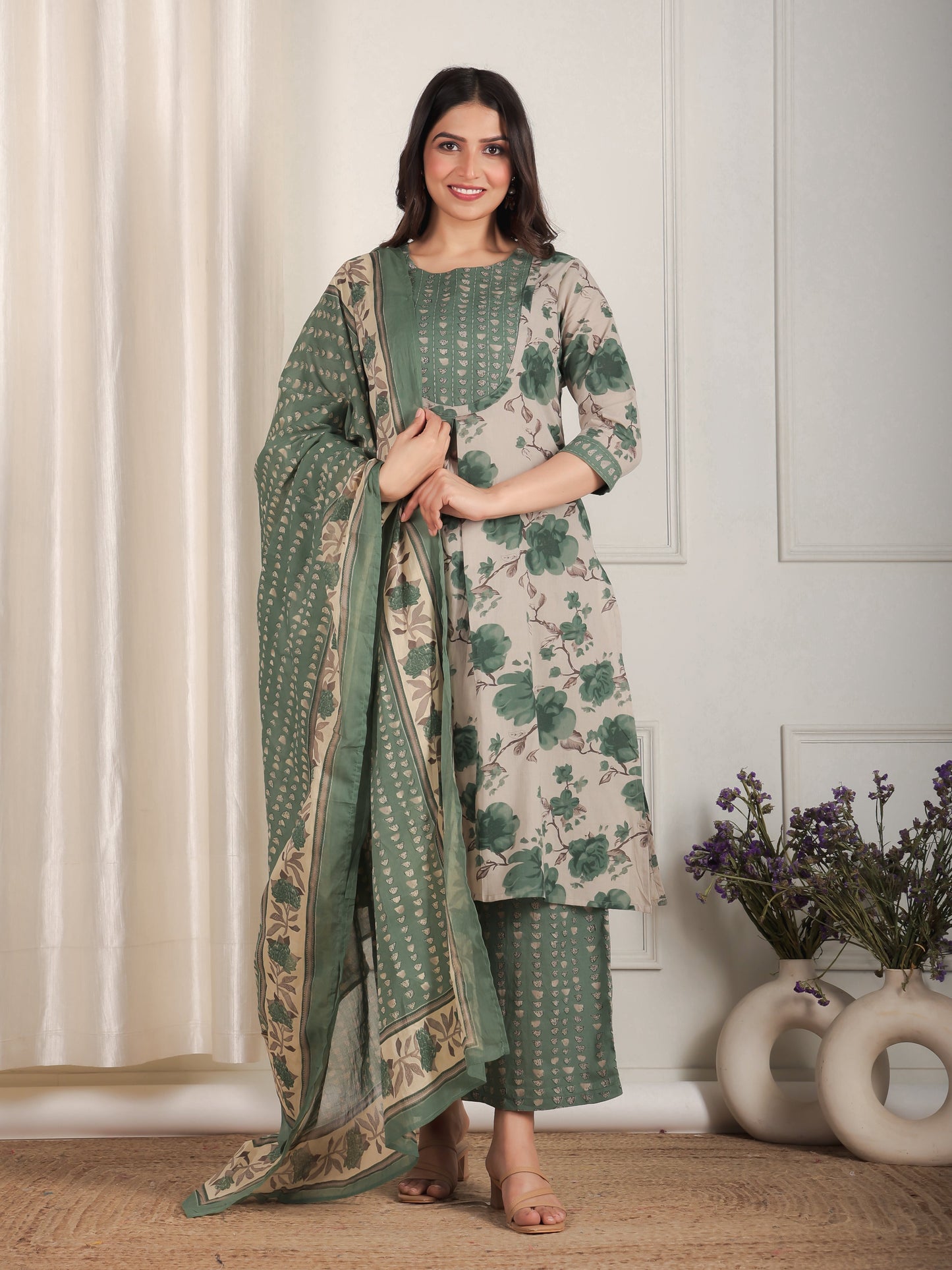 Cotton Voile Geometric Green Dupatta