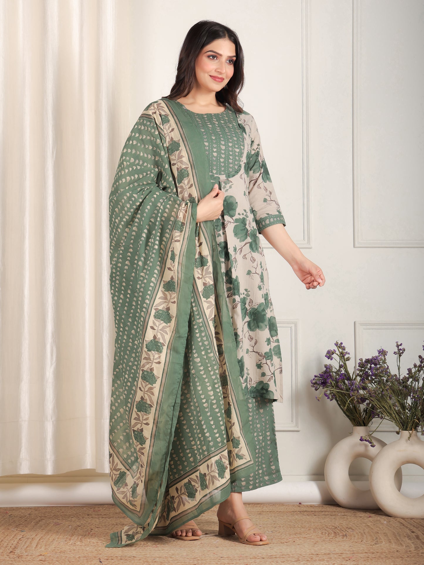 Embroidered Soft Cotton Floral Flared Grey Kurta