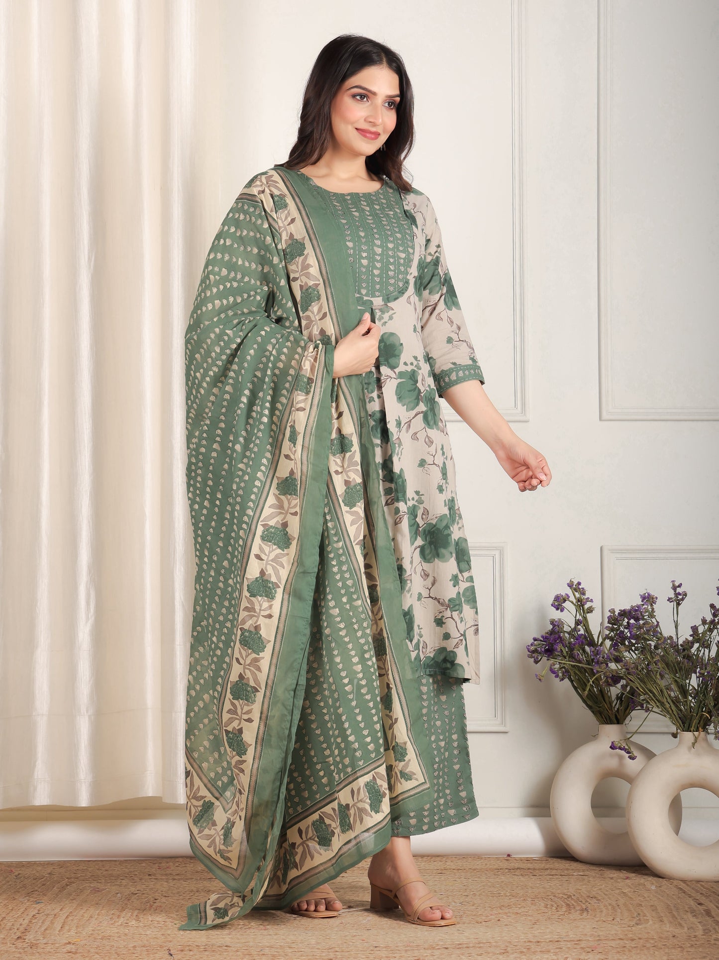 Cotton Voile Geometric Green Dupatta