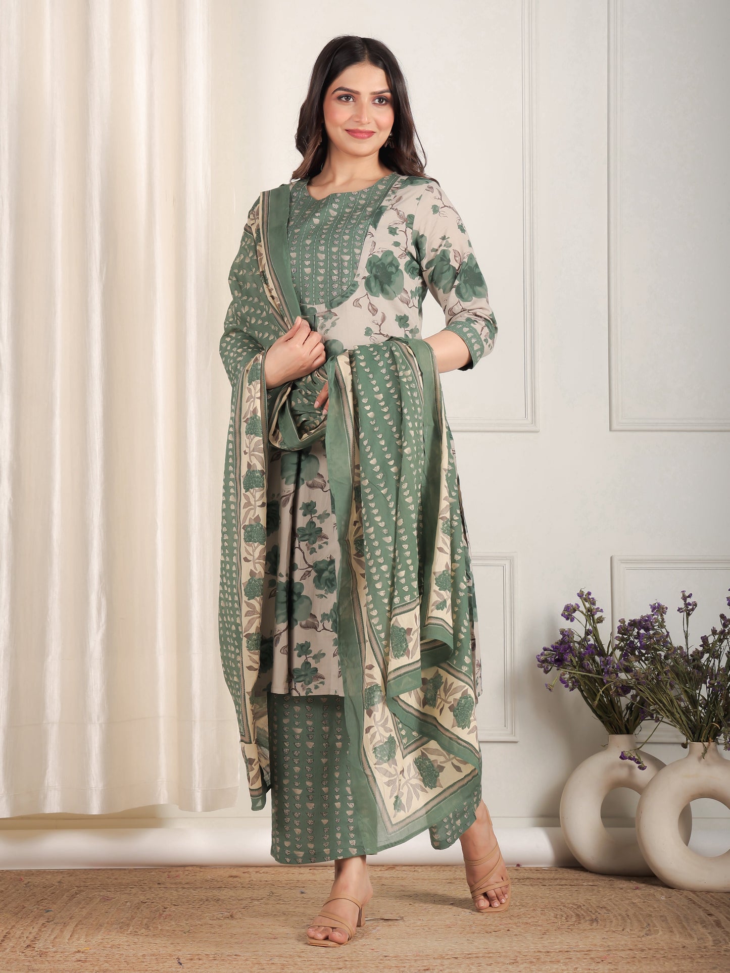 Embroidered Soft Cotton Floral Flared Grey Kurta