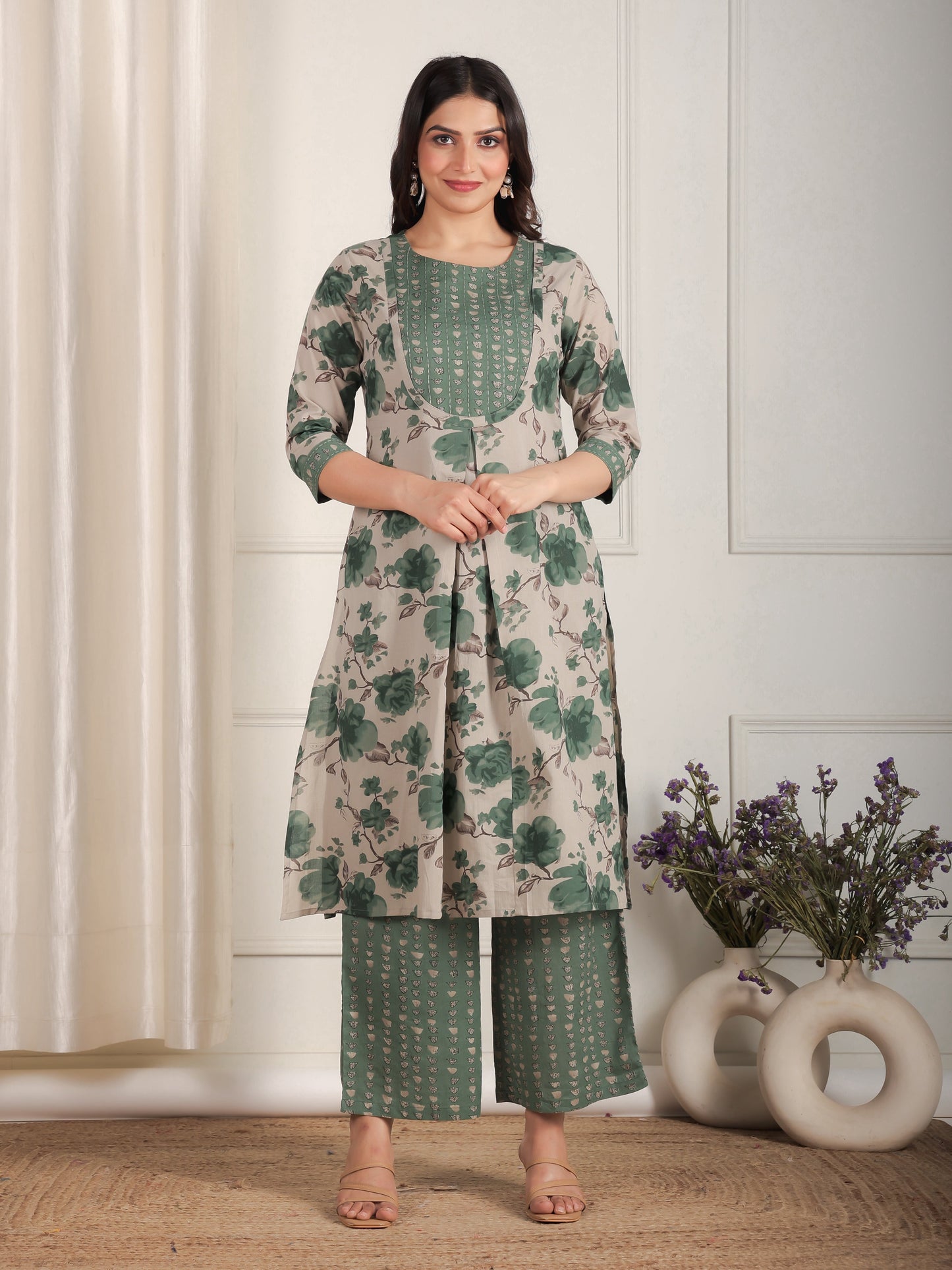 Embroidered Soft Cotton Floral Flared Grey Kurta