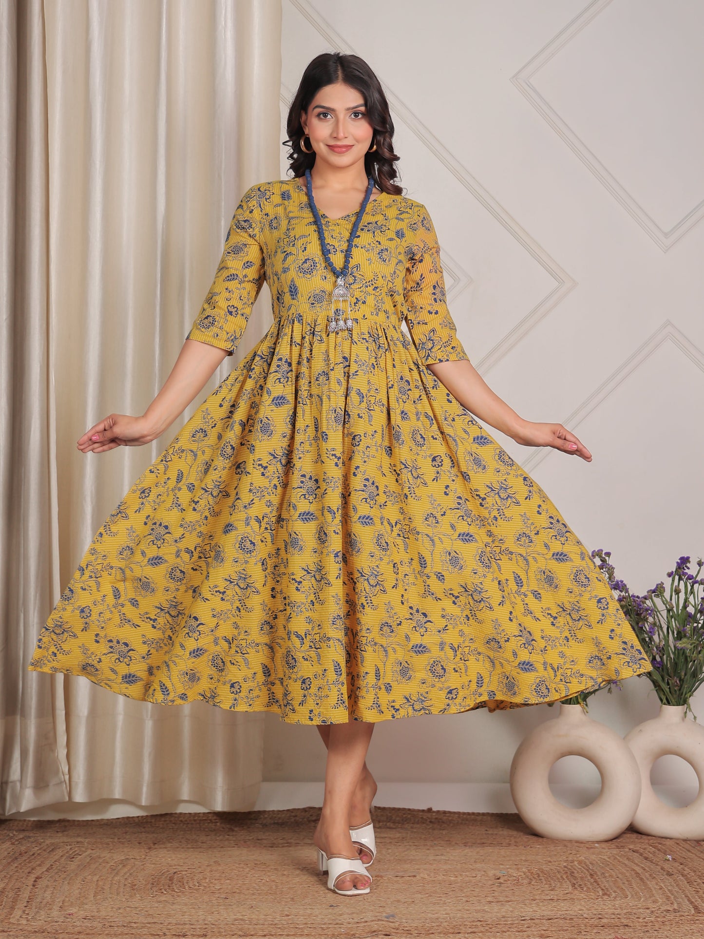 Kantha Cotton Floral Angrakha Yellow Dress with Necklace