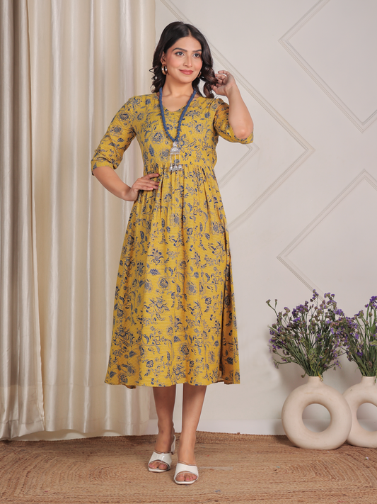 Kantha Cotton Floral Angrakha Yellow Dress with Necklace