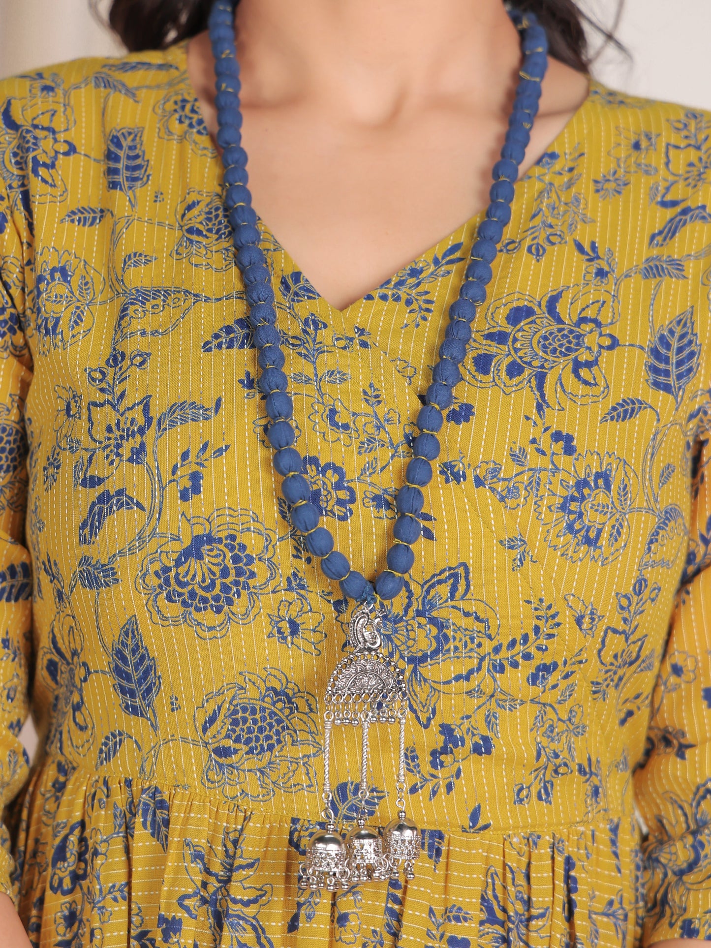 Kantha Cotton Floral Angrakha Yellow Dress with Necklace