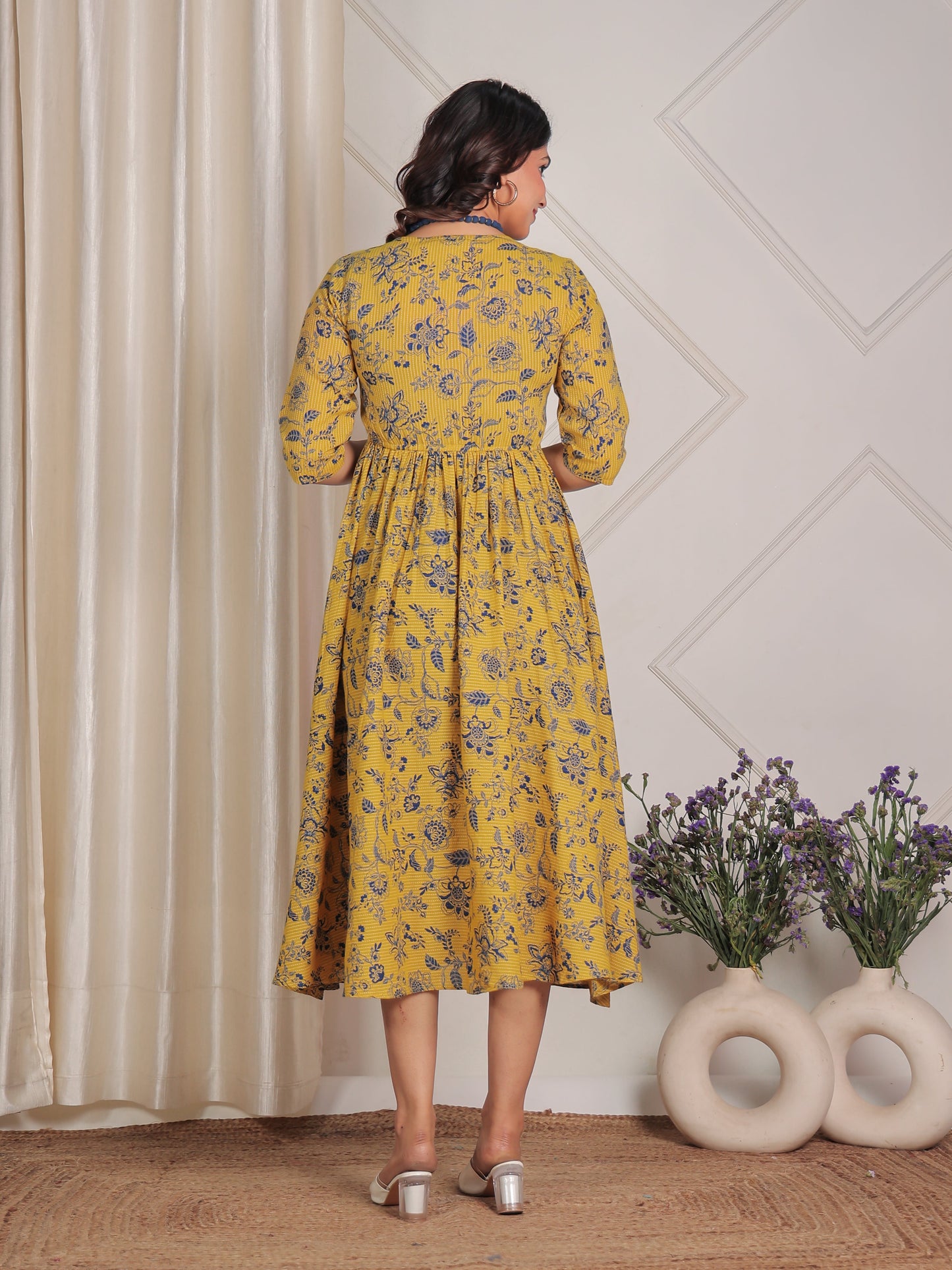 Kantha Cotton Floral Angrakha Yellow Dress with Necklace