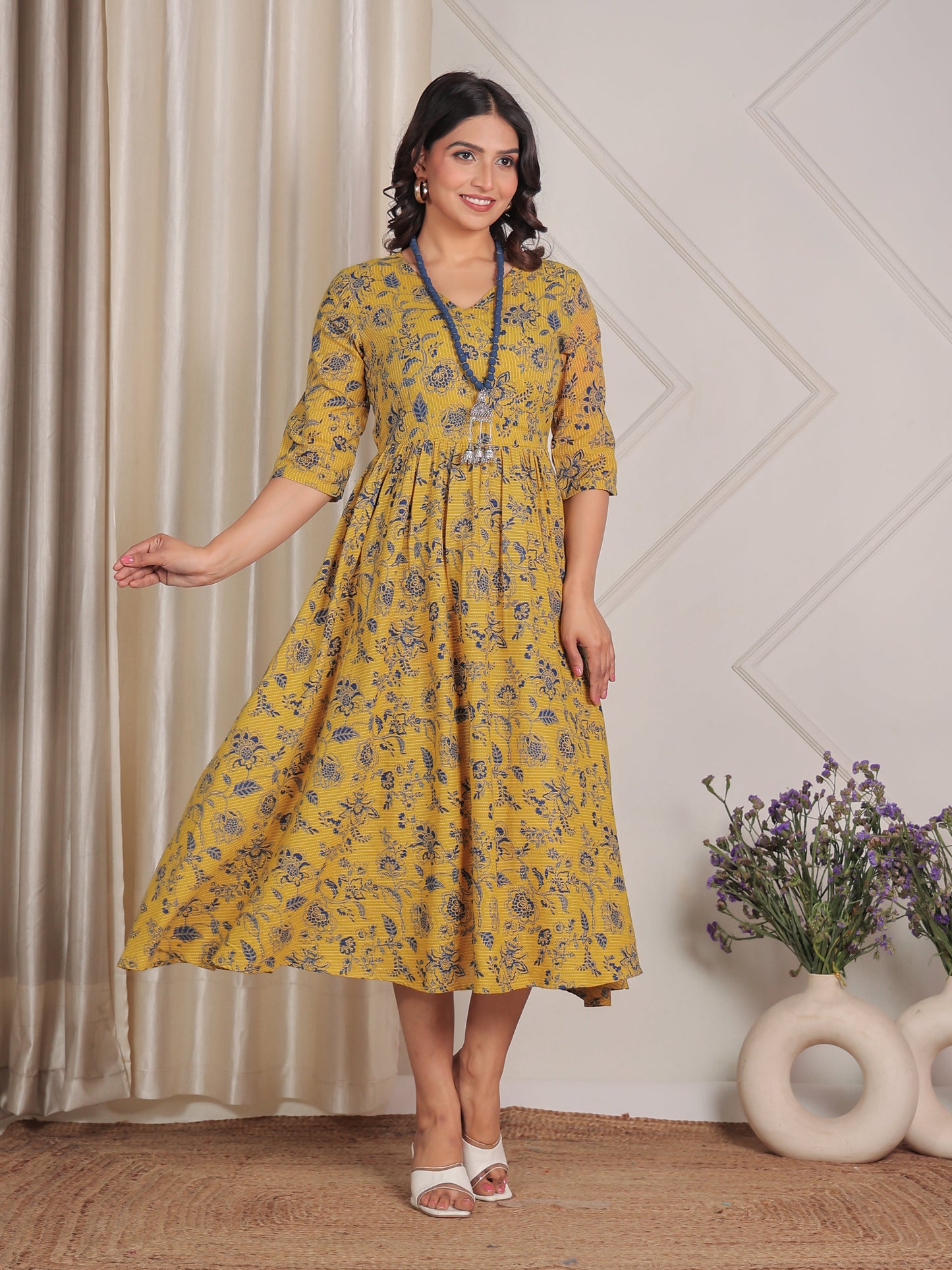 Kantha Cotton Floral Angrakha Yellow Dress with Necklace