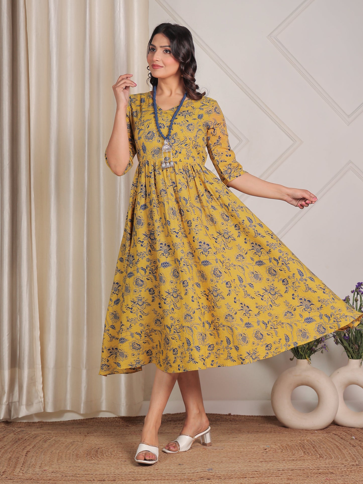 Kantha Cotton Floral Angrakha Yellow Dress with Necklace