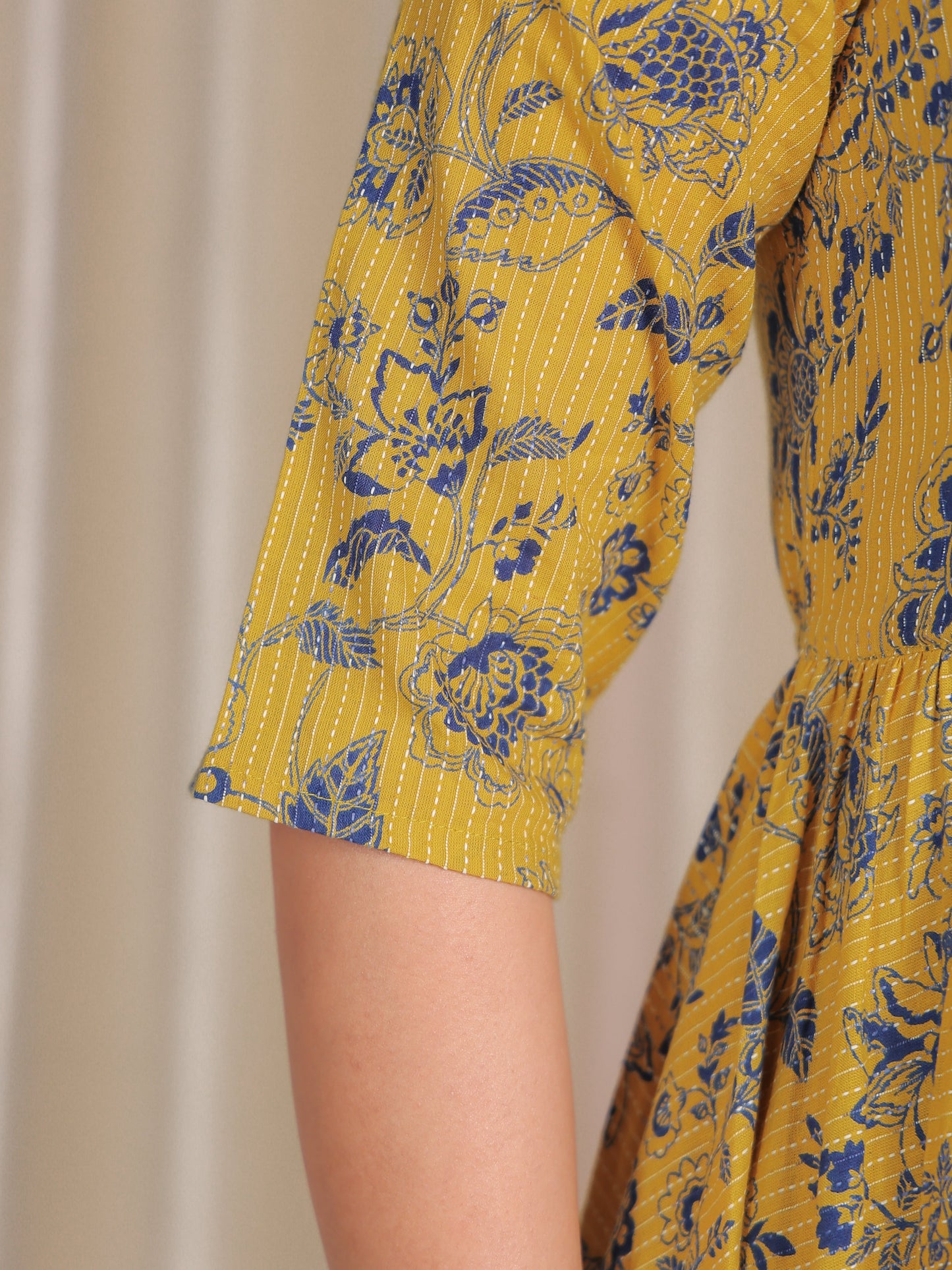 Kantha Cotton Floral Angrakha Yellow Dress with Necklace