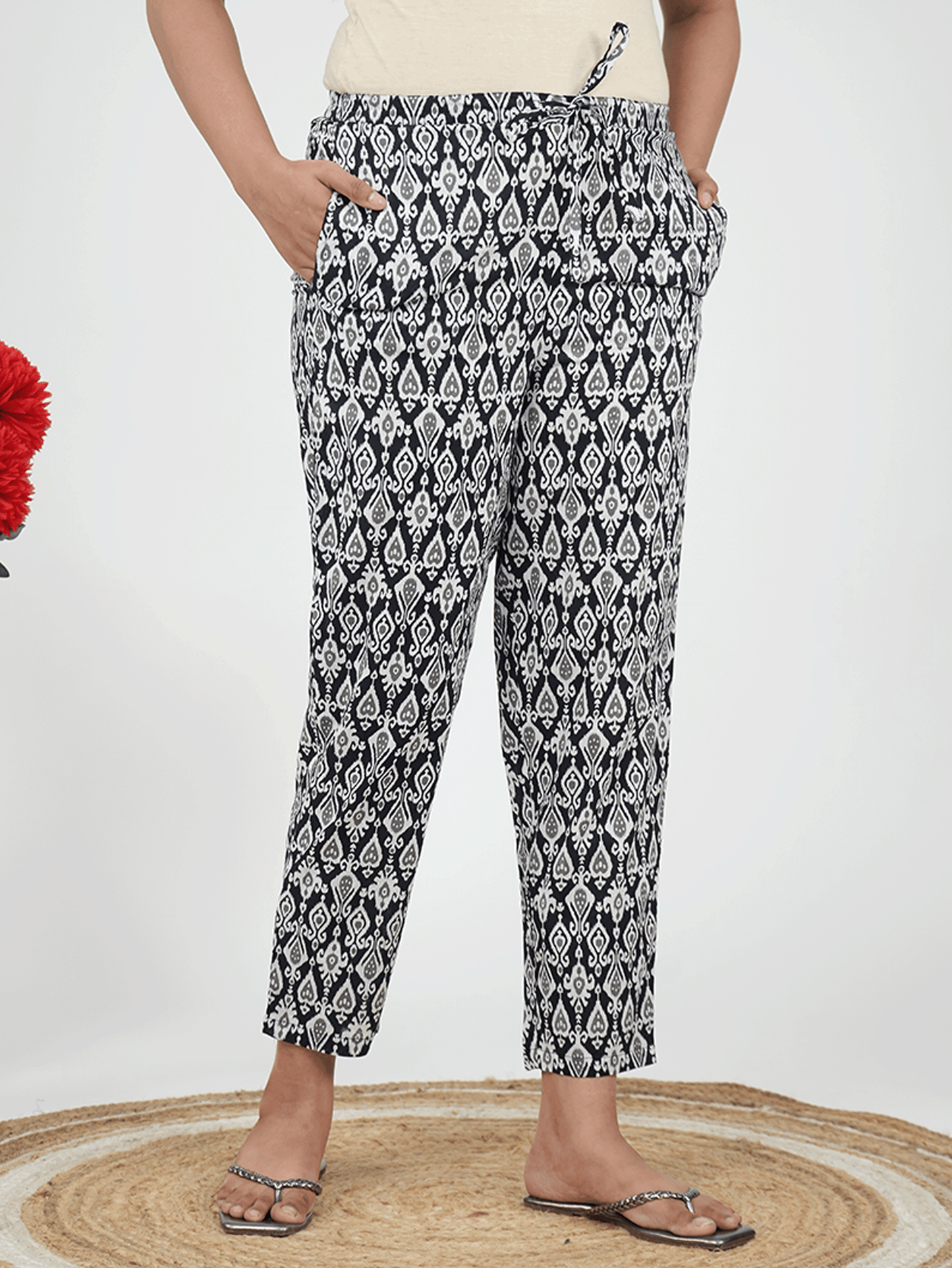 Soft Cotton Ikat Black Tapered Trousers