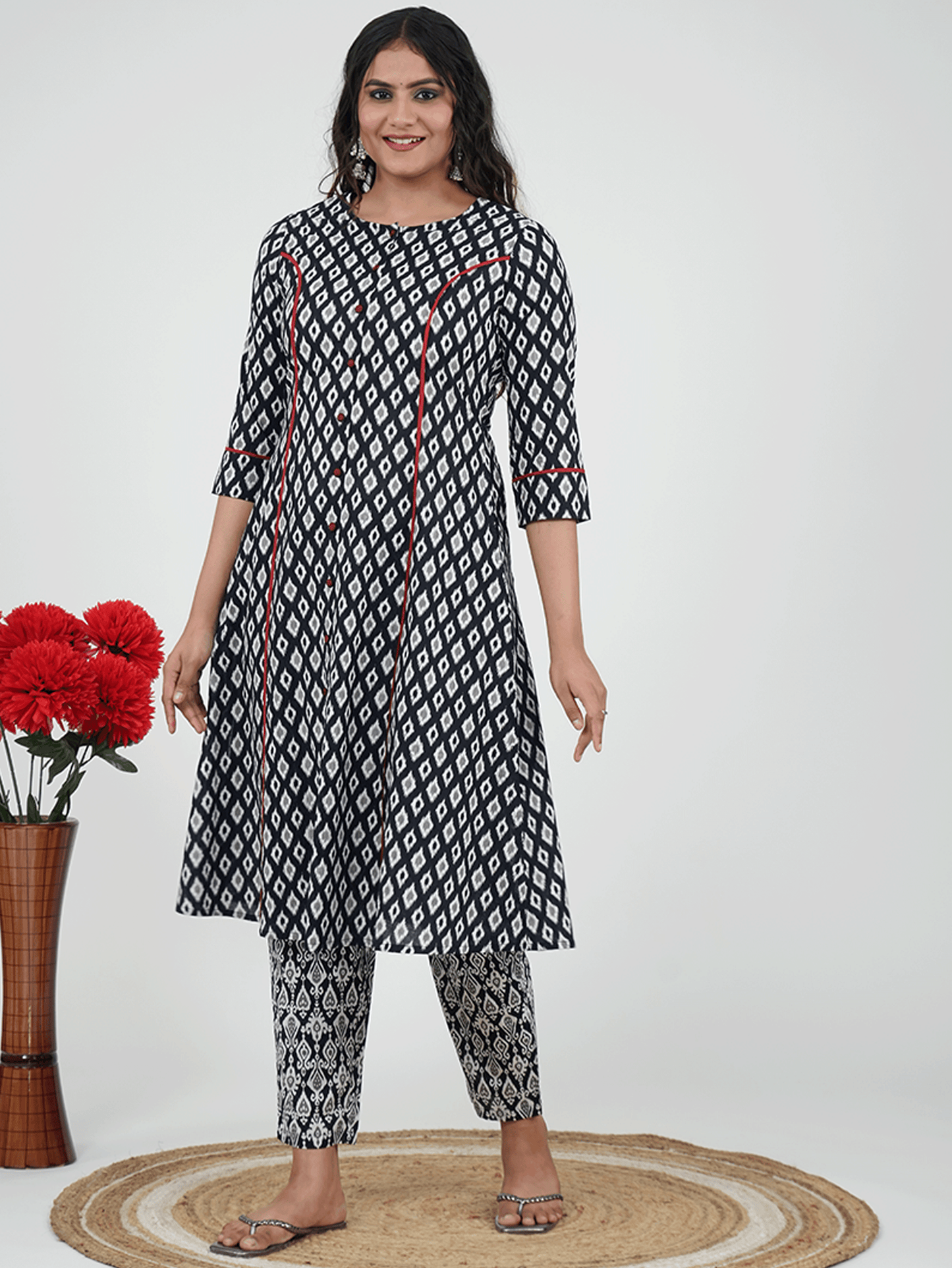Soft Cotton Ikat A-line Black Kurta