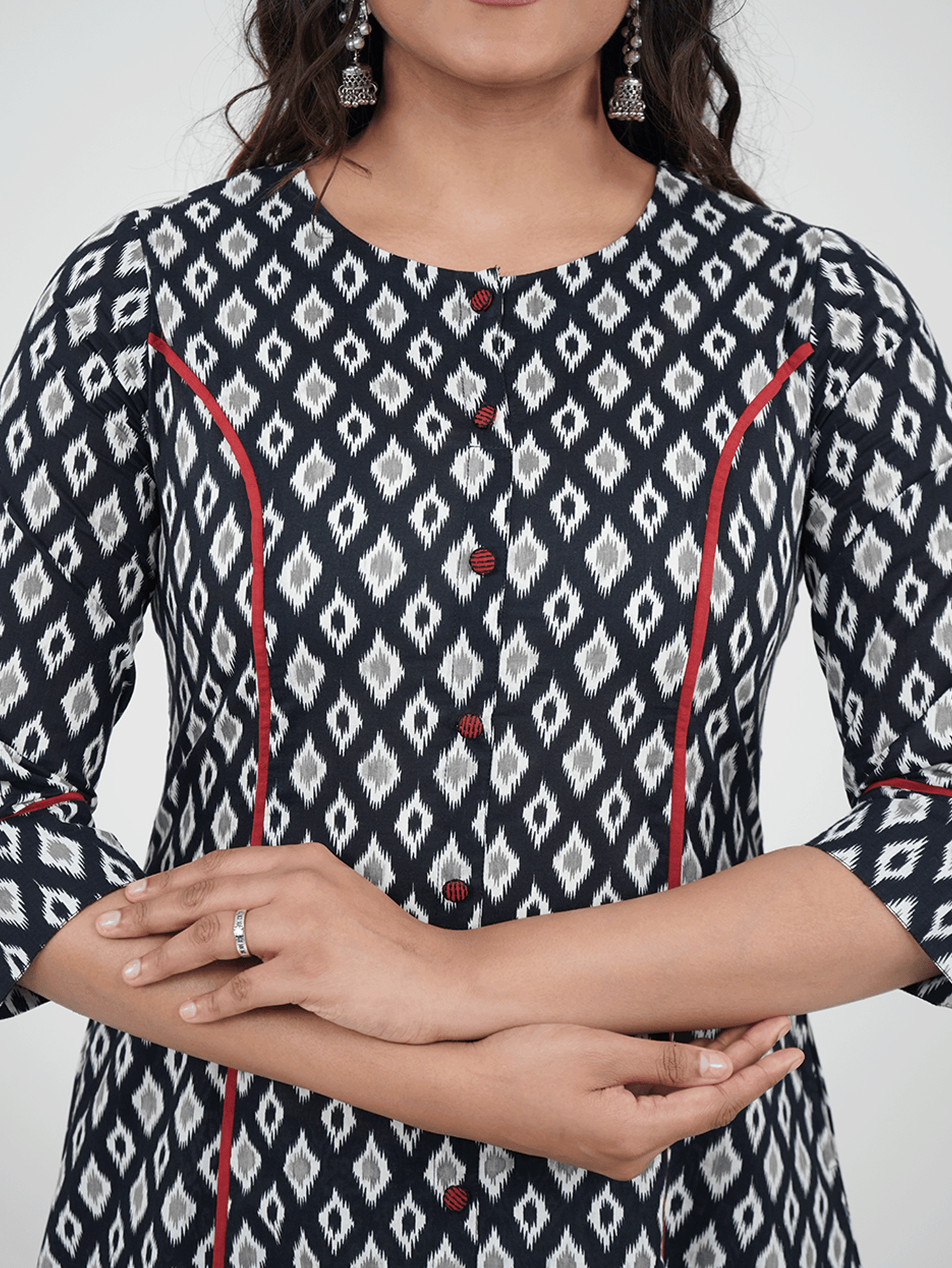 Soft Cotton Ikat A-line Black Kurta