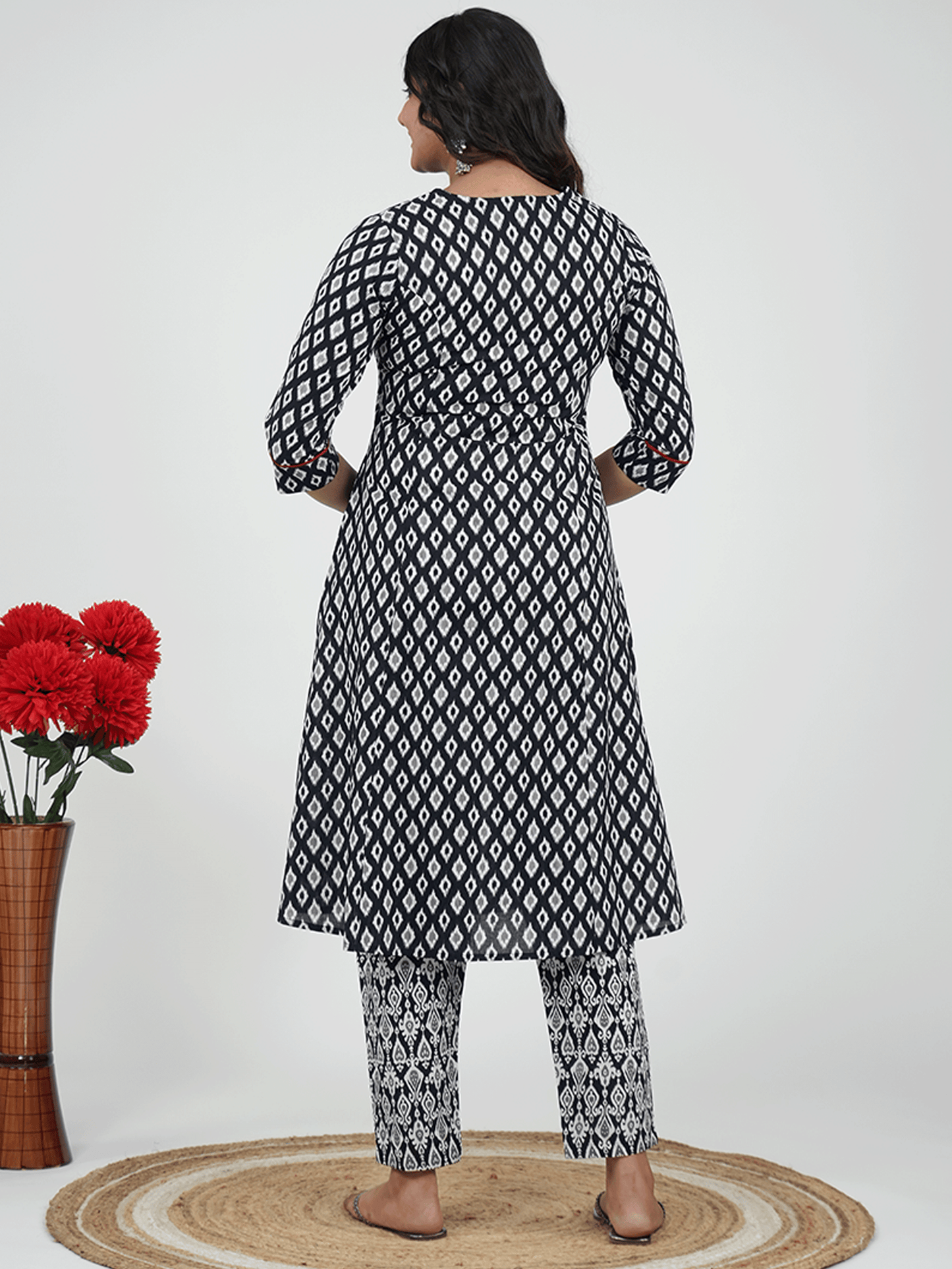 Soft Cotton Ikat A-line Black Kurta