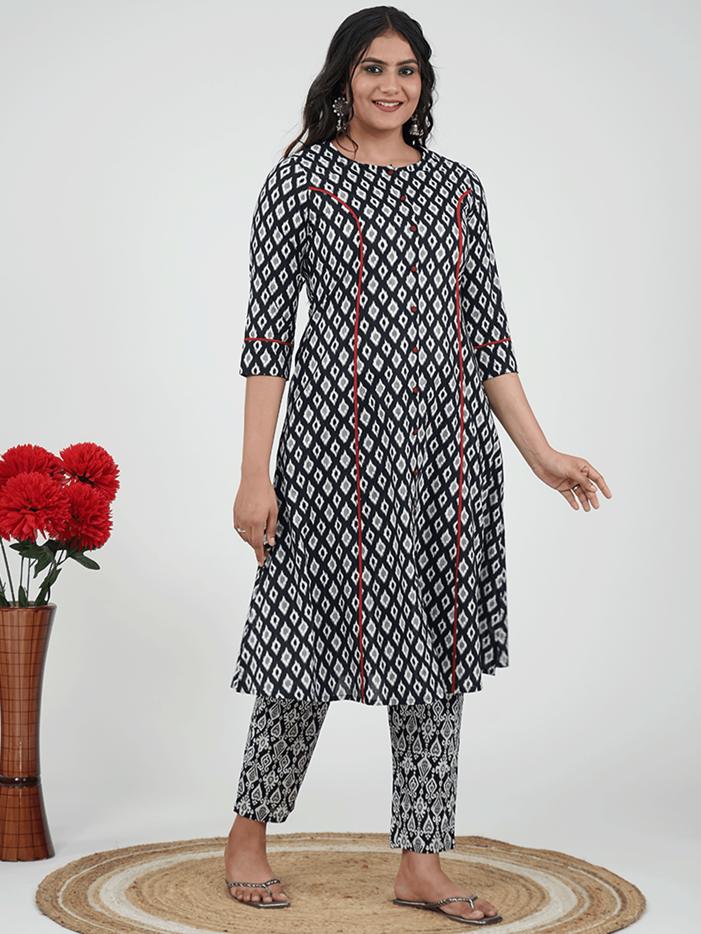 Soft Cotton Ikat A-line Black Kurta