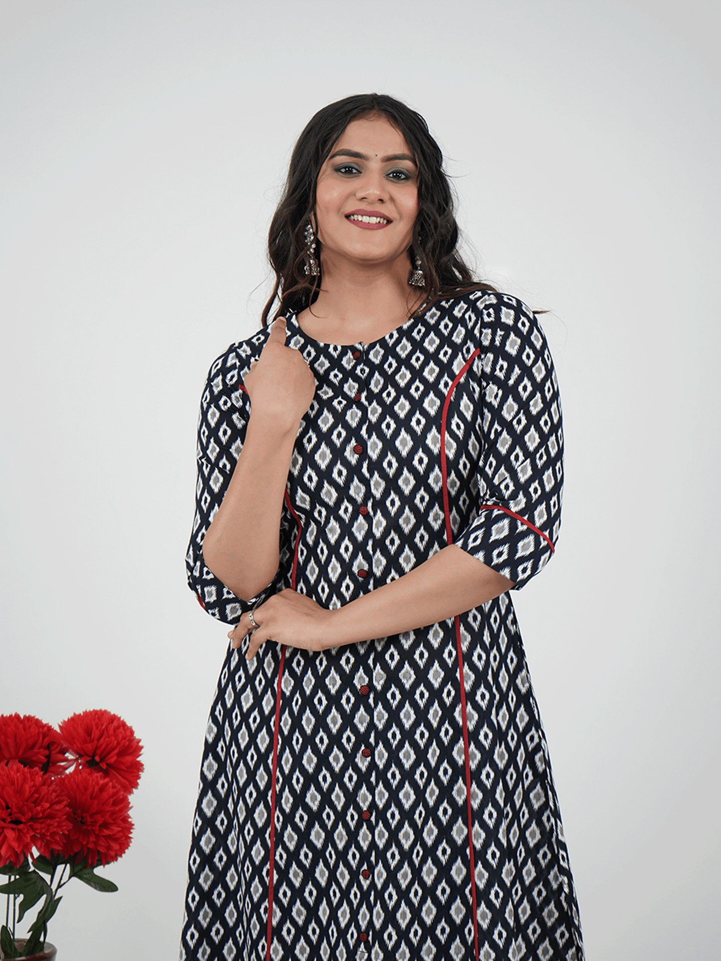 Soft Cotton Ikat A-line Black Kurta