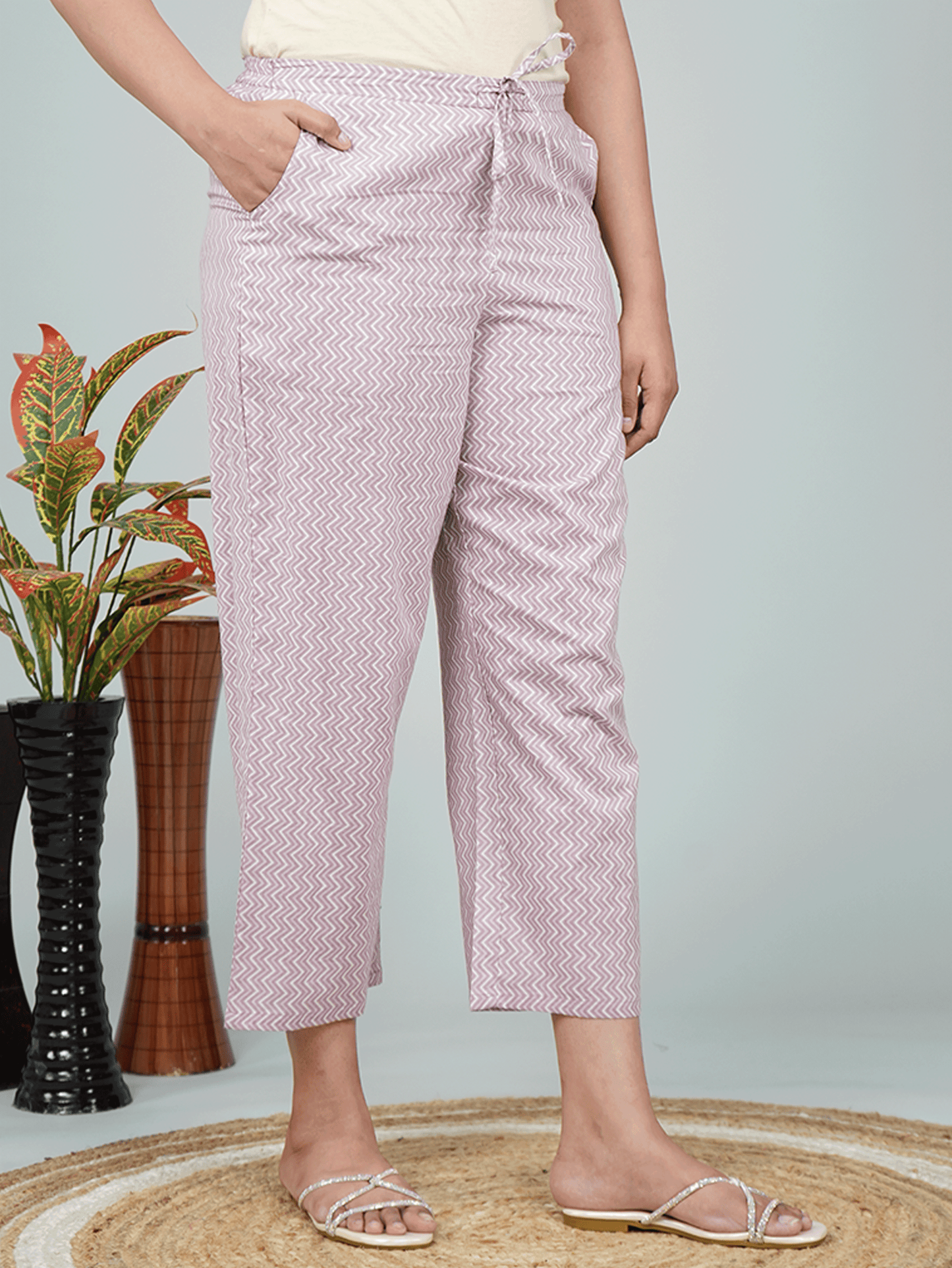 Soft Cotton Striped Purple Tapered Trousers