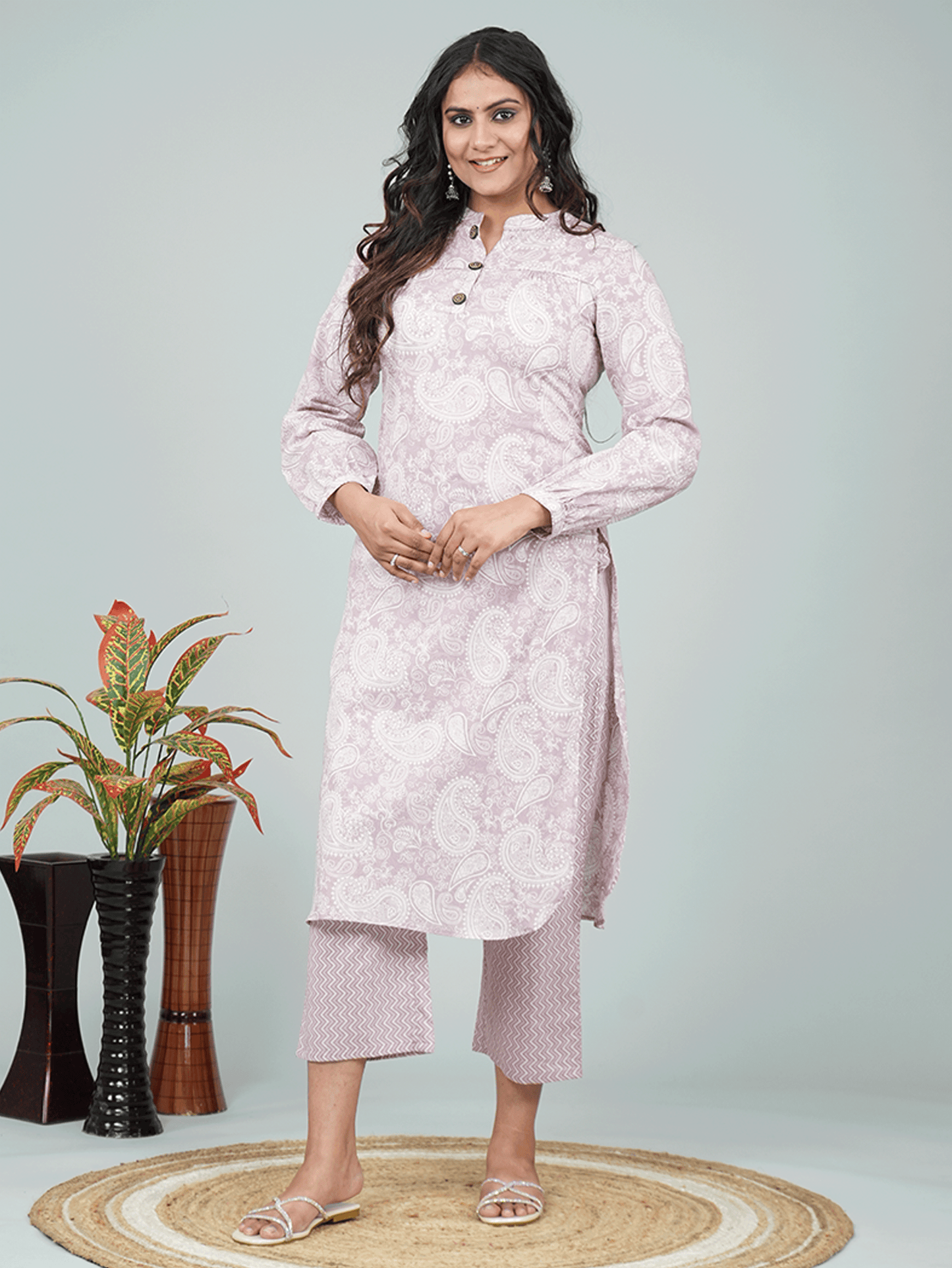 Soft Cotton Paisley Straight Purple Kurta