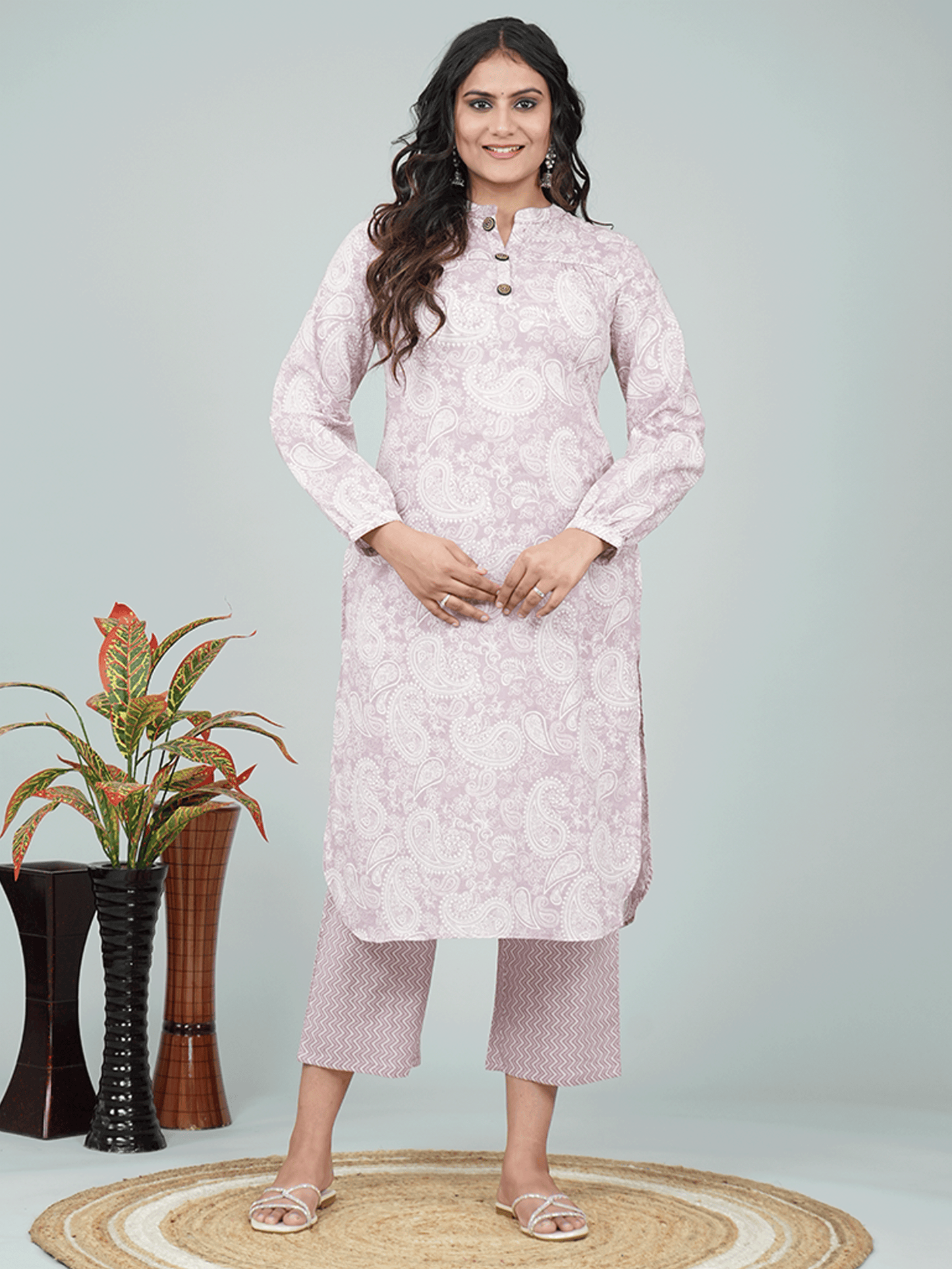Soft Cotton Paisley Straight Purple Kurta