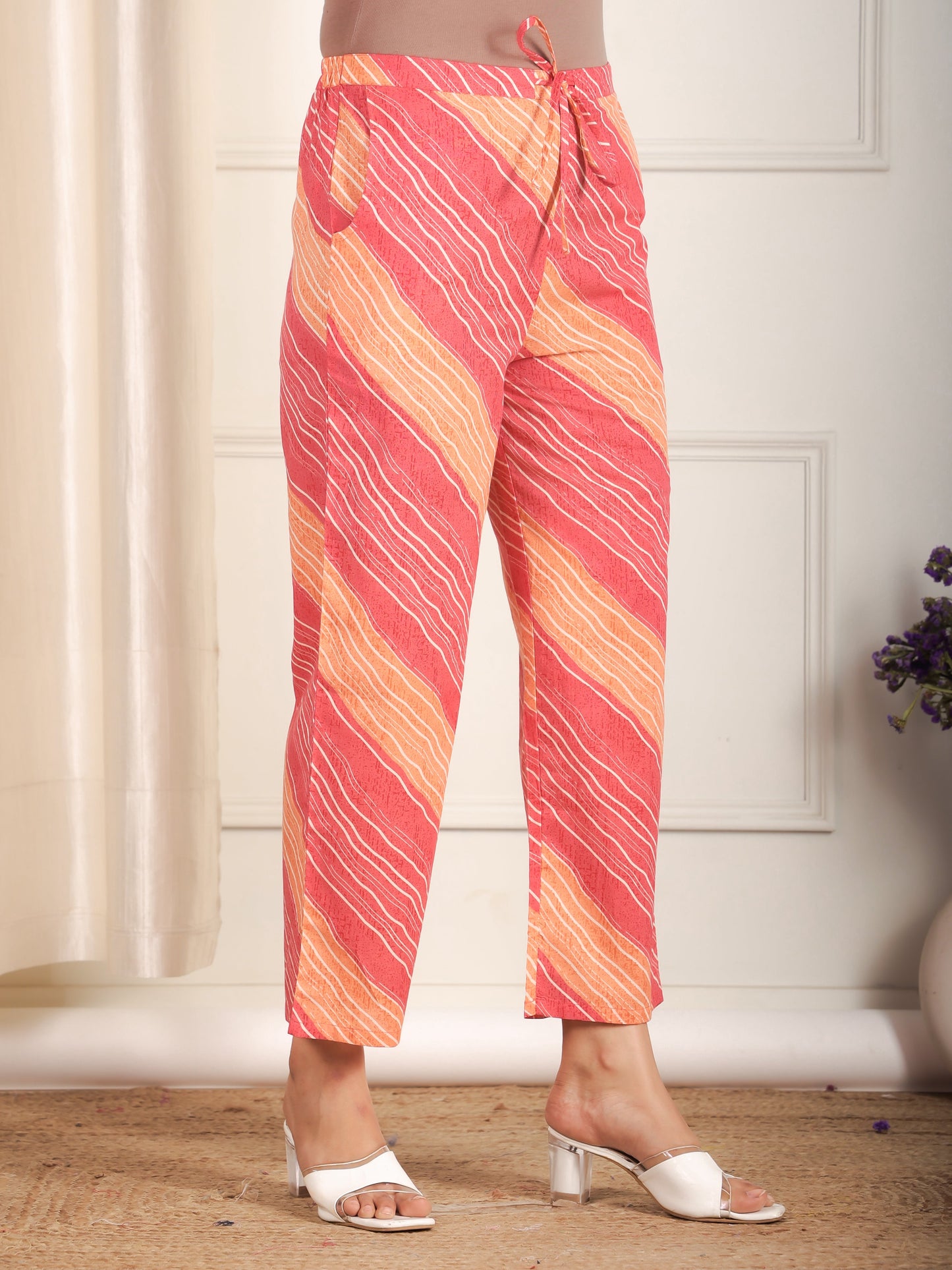 Soft Cotton Striped Pink Straight Trousers