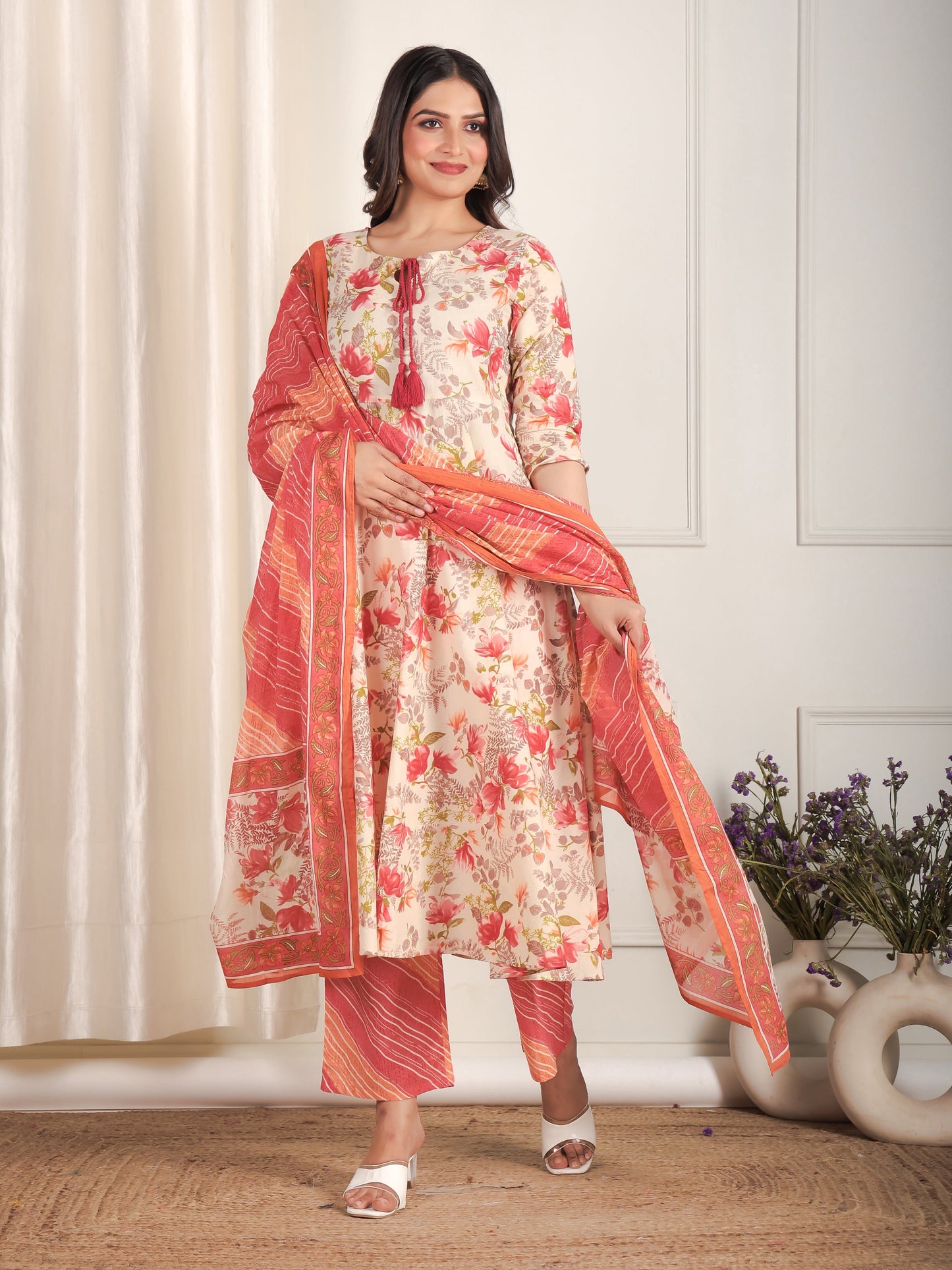 Soft Cotton Floral Anarkali Beige Kurta