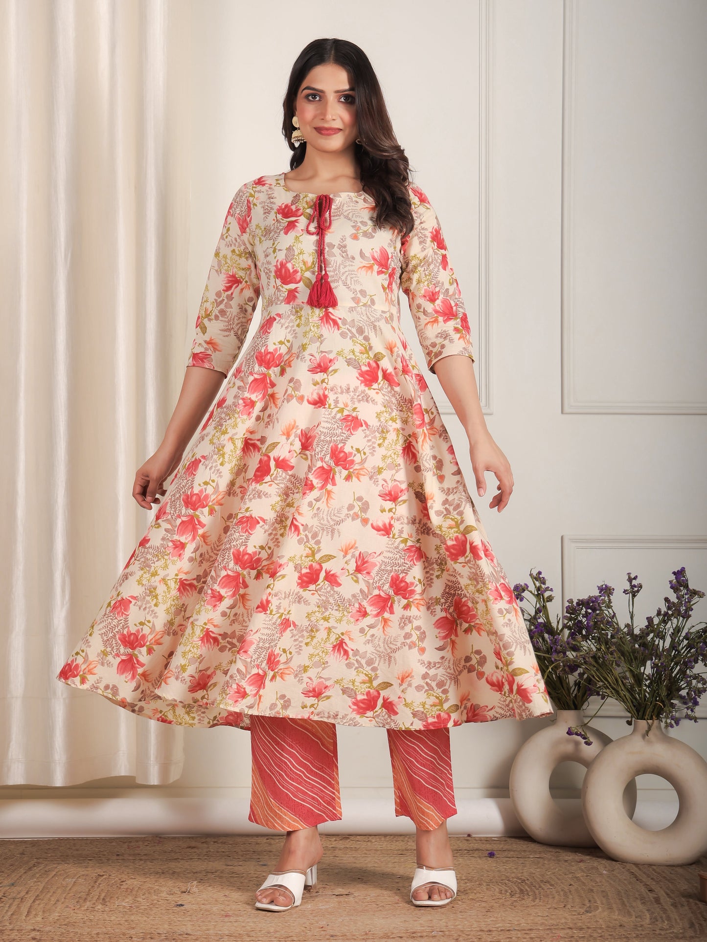 Soft Cotton Floral Anarkali Beige Kurta