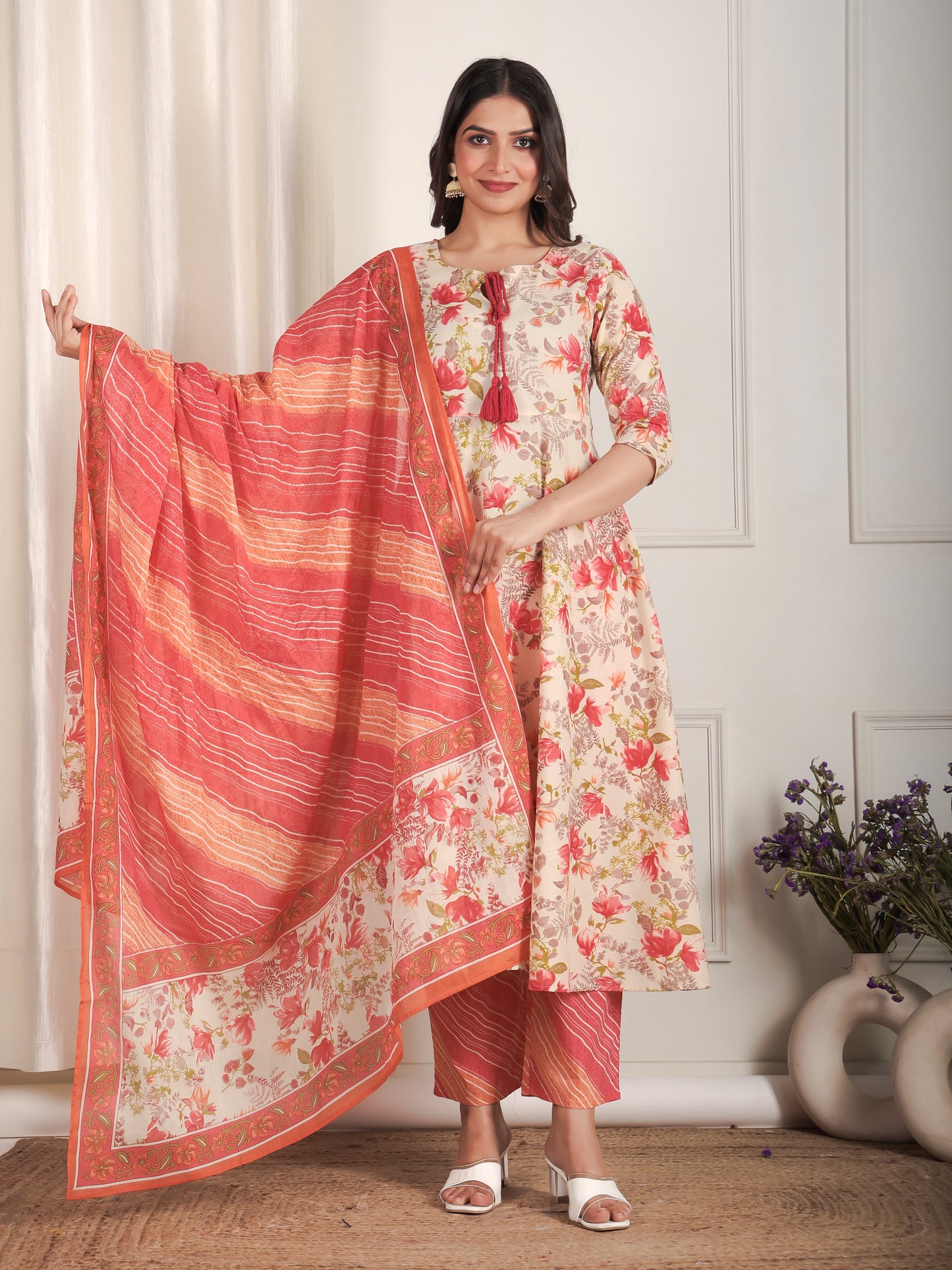Soft Cotton Floral Anarkali Beige Kurta