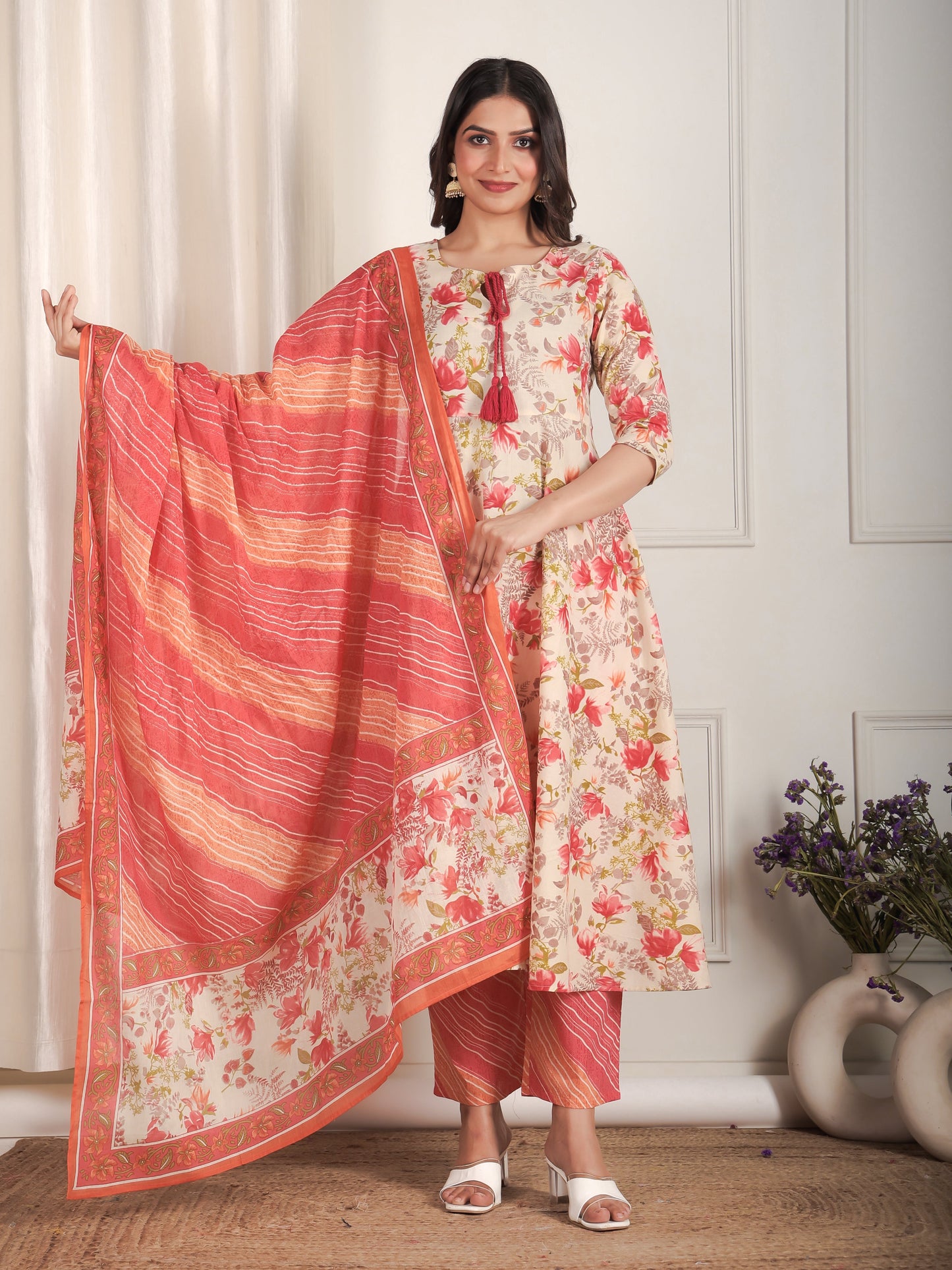 Soft Cotton Floral Anarkali Beige Kurta