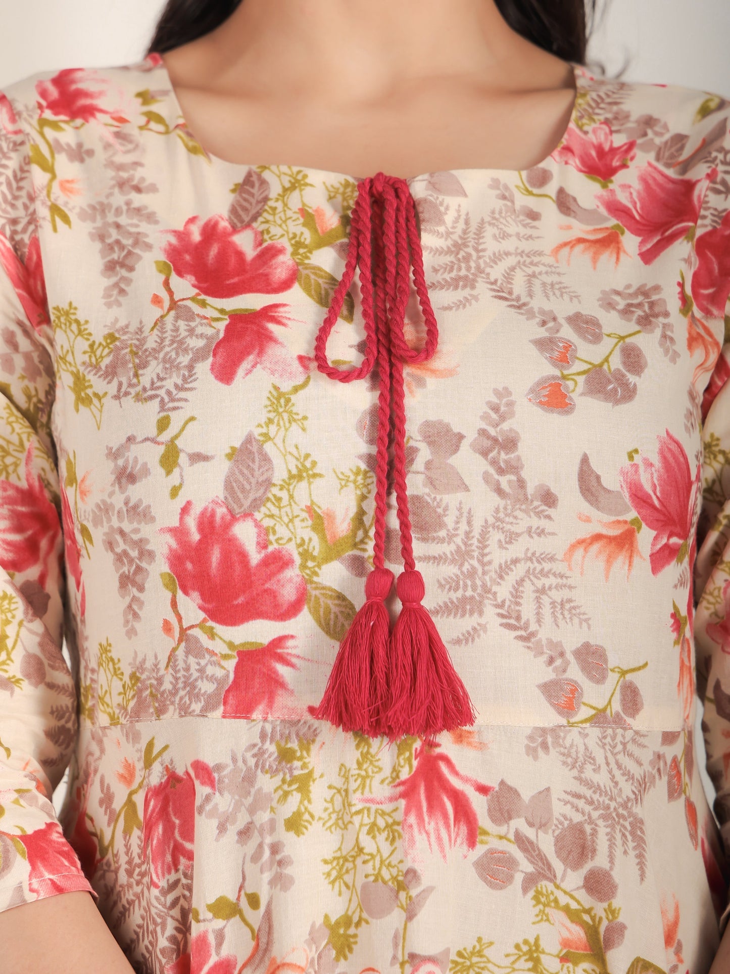Soft Cotton Floral Anarkali Beige Kurta