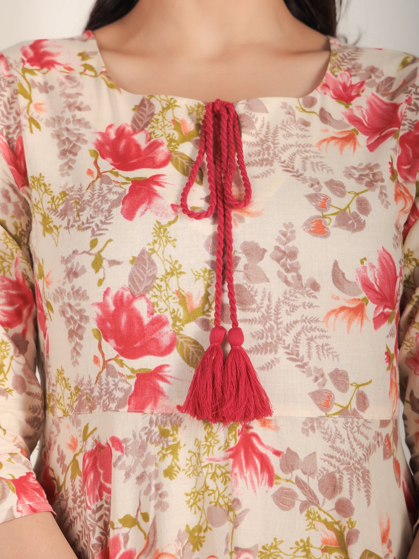Soft Cotton Floral Anarkali Beige Kurta